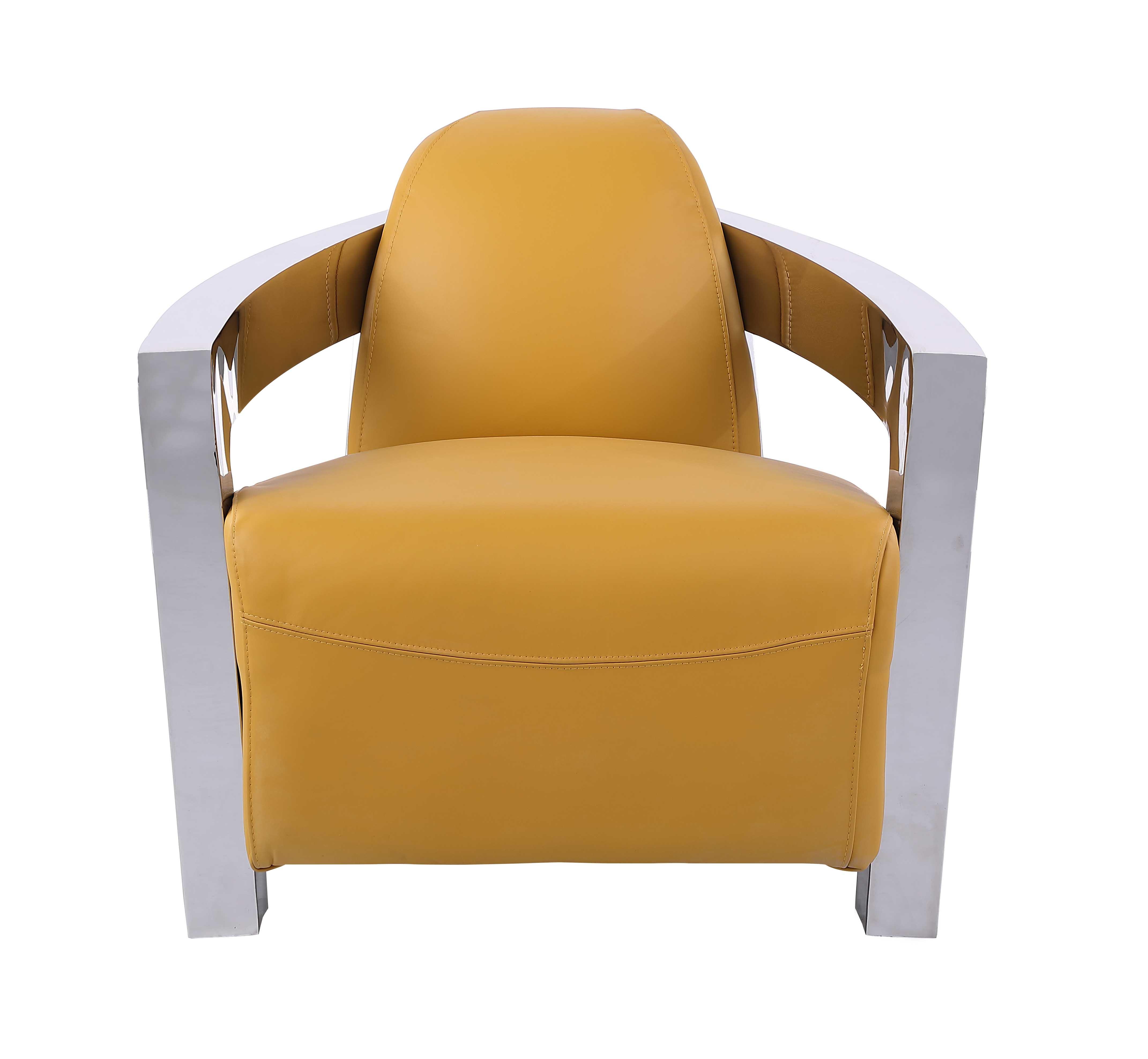 

    
Mustard Leather & Stainless Steel Frame Accent Chair Contemporary 2099-ACC by Chintaly Imports
