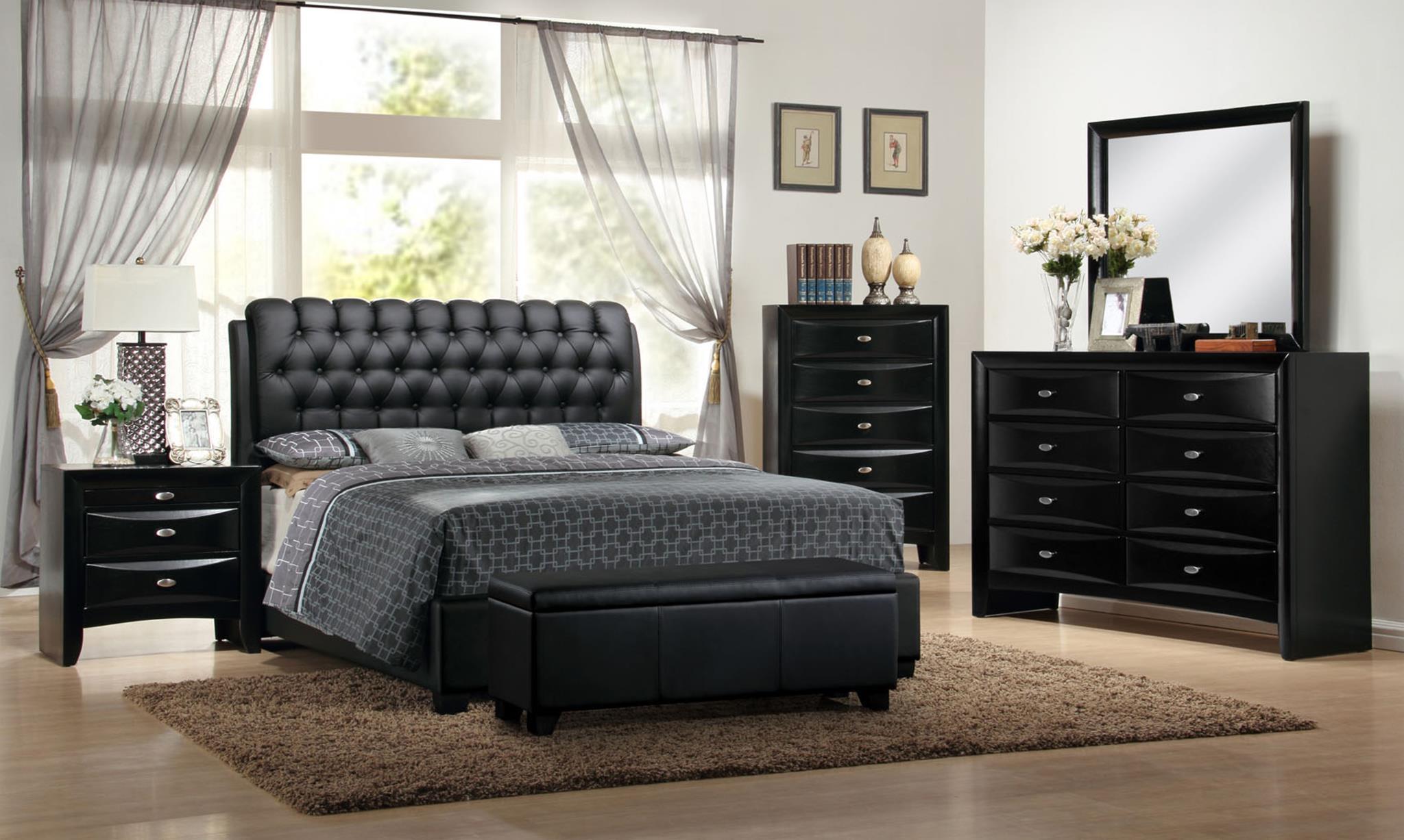 Modern Platform Bedroom Set Barnes 2955Q-BK-Set-4 in Black Eco Leather