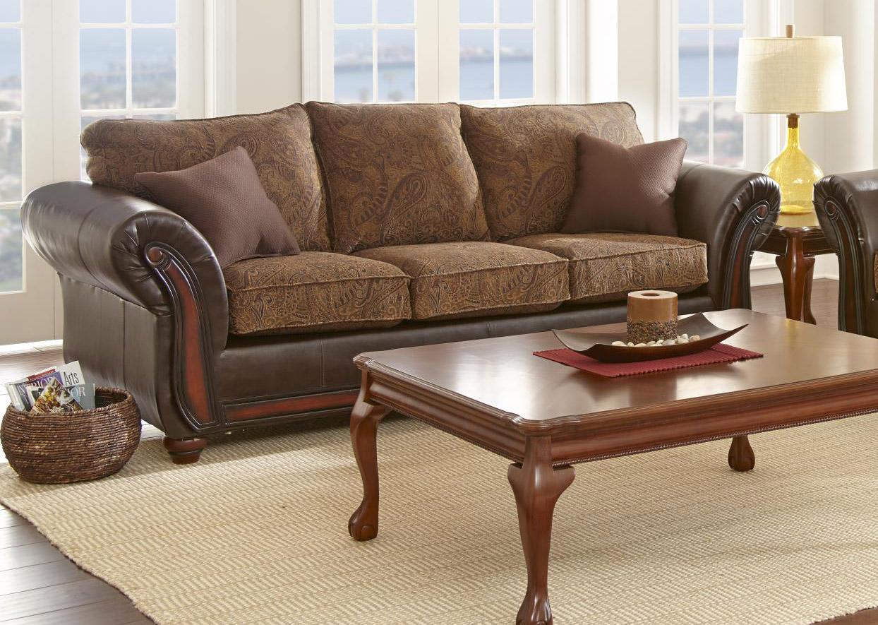

    
MYCO Furniture Brigam Classic Dark Brown Leather & Fabric Living Room Sofa
