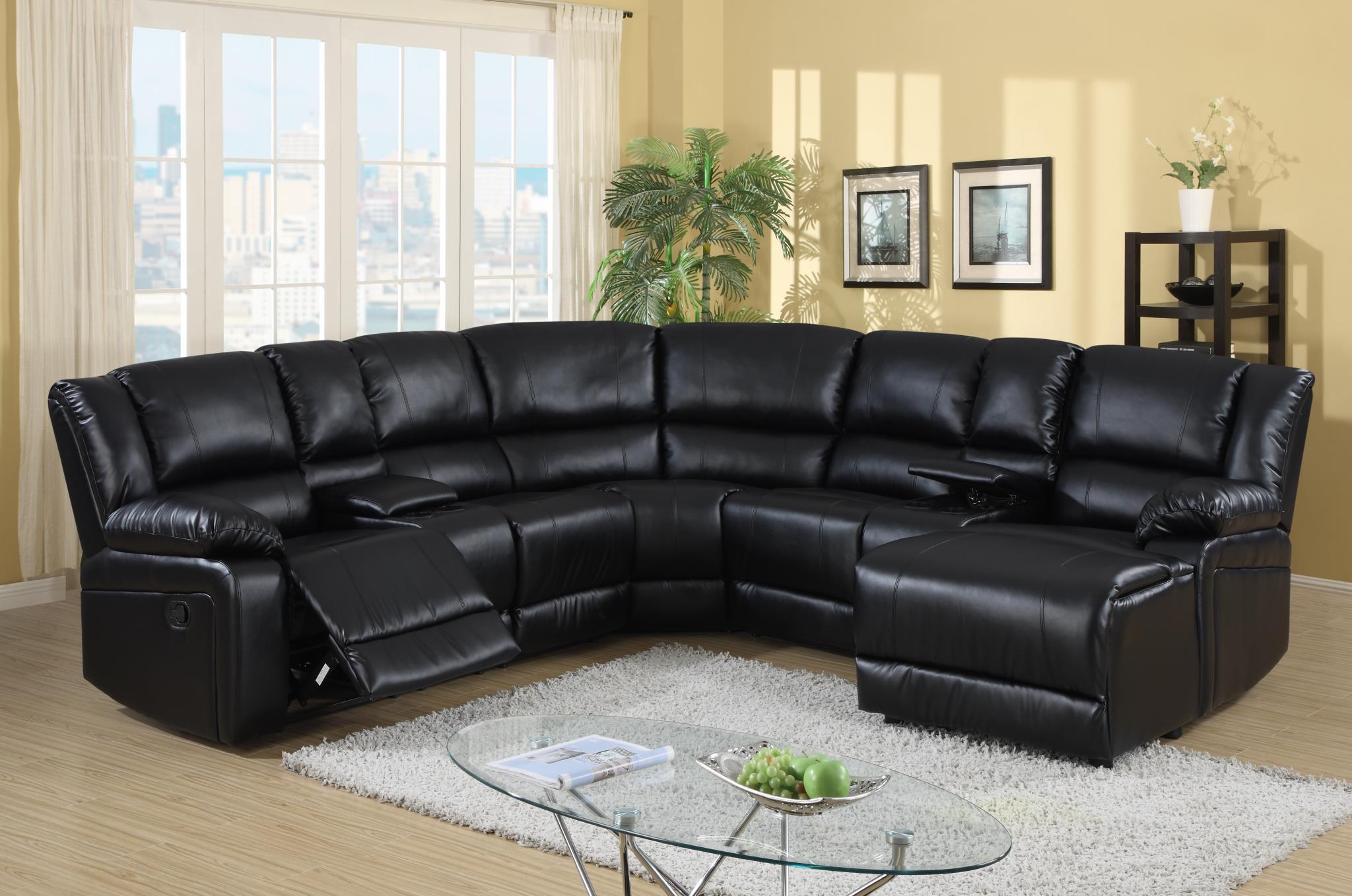 

    
MYCO Furniture Cadence Black Modern  Bonded Leather Sectional Recliner
