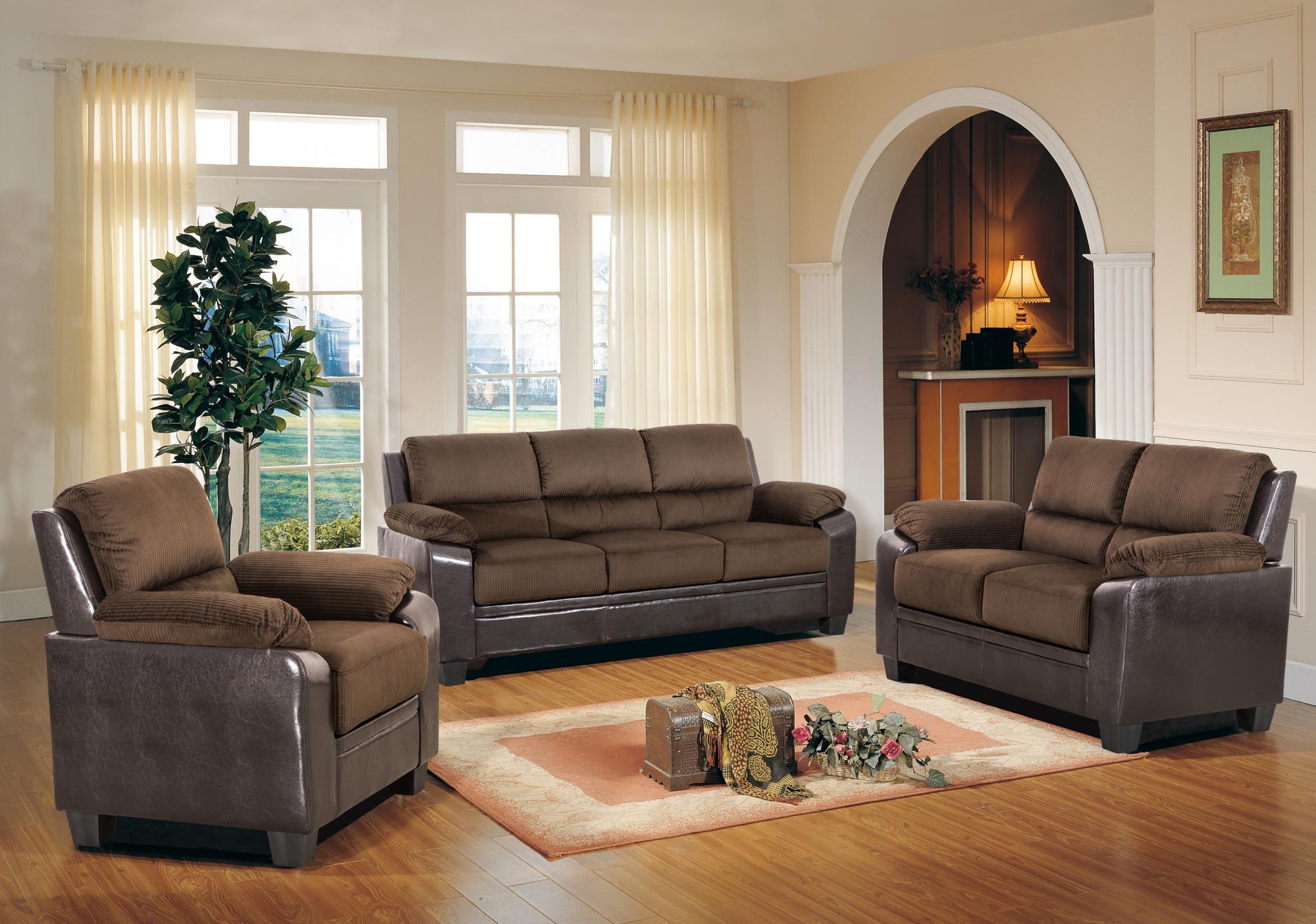 

    
MYCO Furniture Carrie Brown Fabric & Dark Brown Bonded Leather Sofa Set 3Pcs
