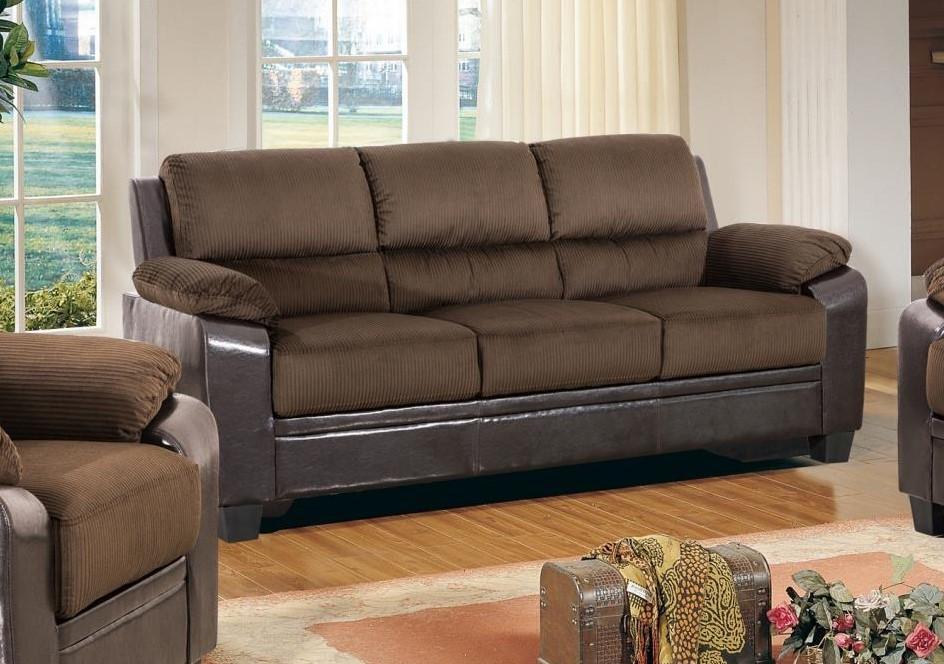 

    
MYCO Furniture Carrie Brown Fabric & Dark Brown Bonded Leather Living Room Sofa
