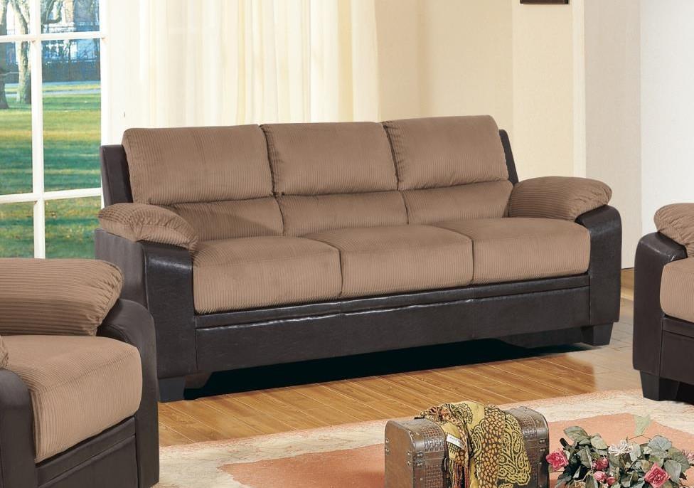 

    
MYCO Furniture Carrie Mocha Fabric & Dark Brown Bonded Leather Sofa Set 3Pcs
