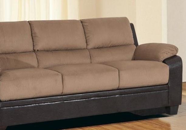 

    
MYCO Furniture Carrie Mocha Fabric & Dark Brown Bonded Leather Sofa
