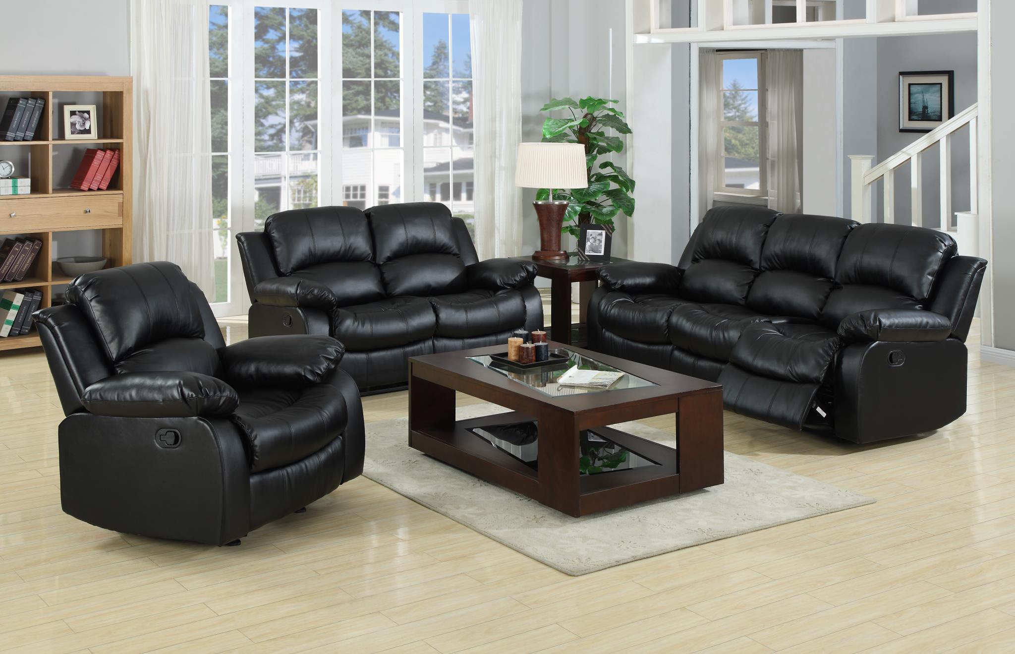 Traditional Sectional Living Room Set Kaden 1075-BLK-Set-3 in Black Leather
