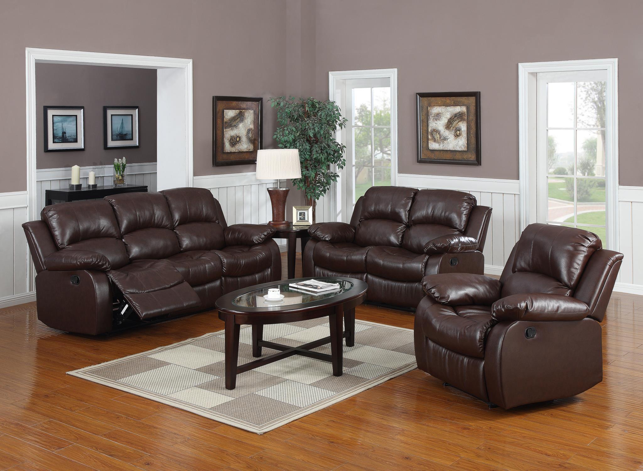 

    
Modern Brown Bonded Leather Reclining Sofa Set 3Pcs MYCO Furniture Kaden
