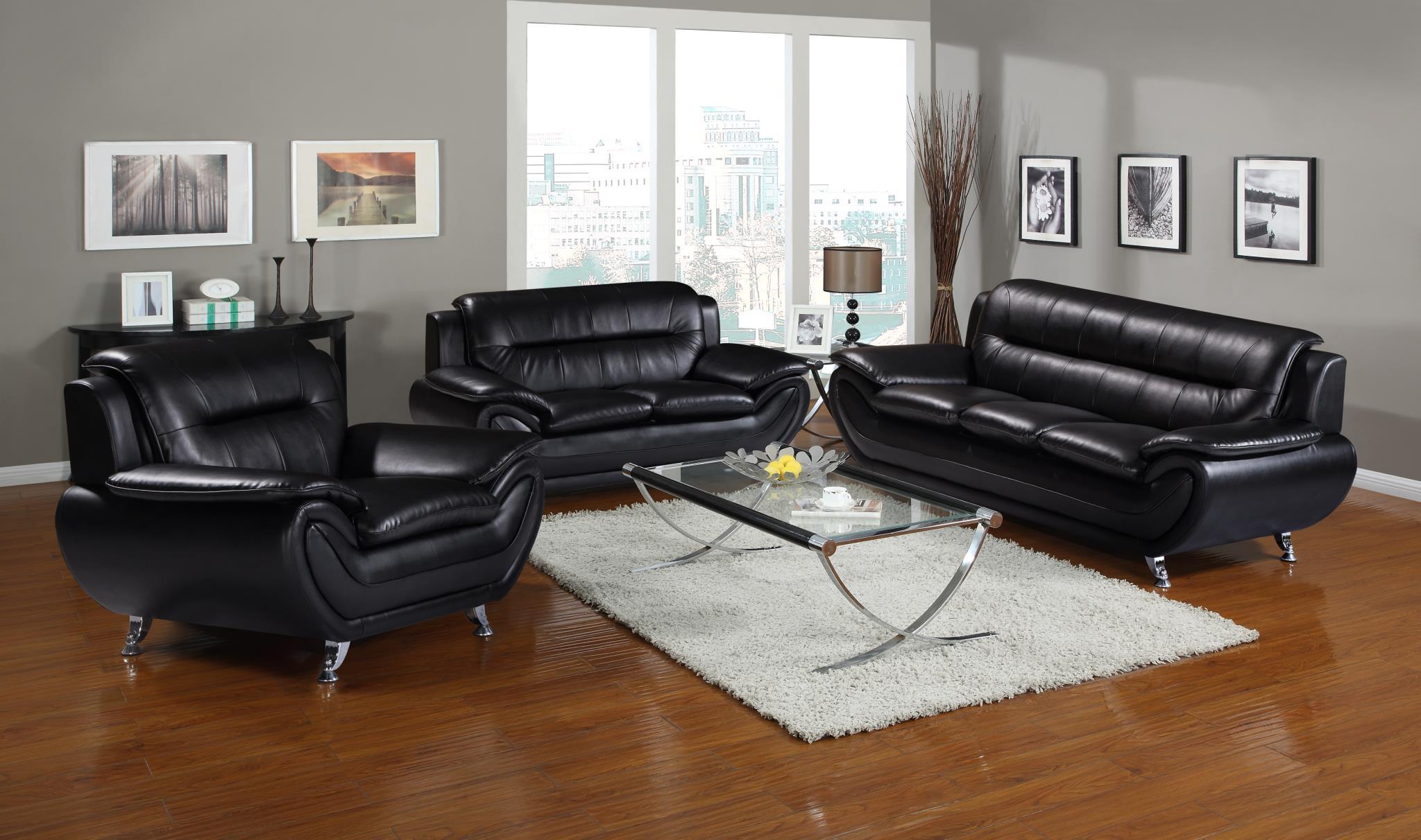 

    
MYCO Furniture Kora Modern Black Bonded Leather Stainless Steel Legs Living Room Sofa Set 2 Pcs
