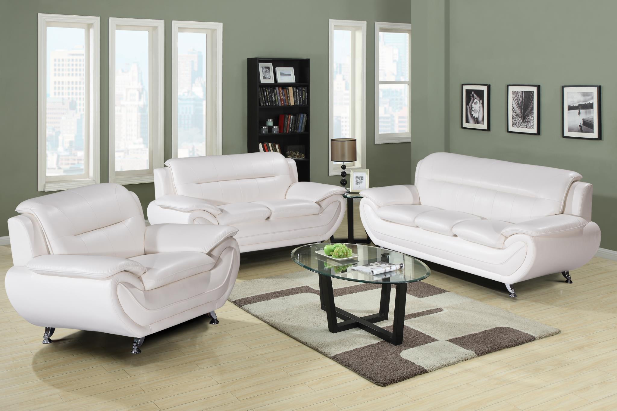 

    
MYCO Furniture Kora Modern White Bonded Leather Stainless Steel Legs Living Room Sofa Set 2 Pcs
