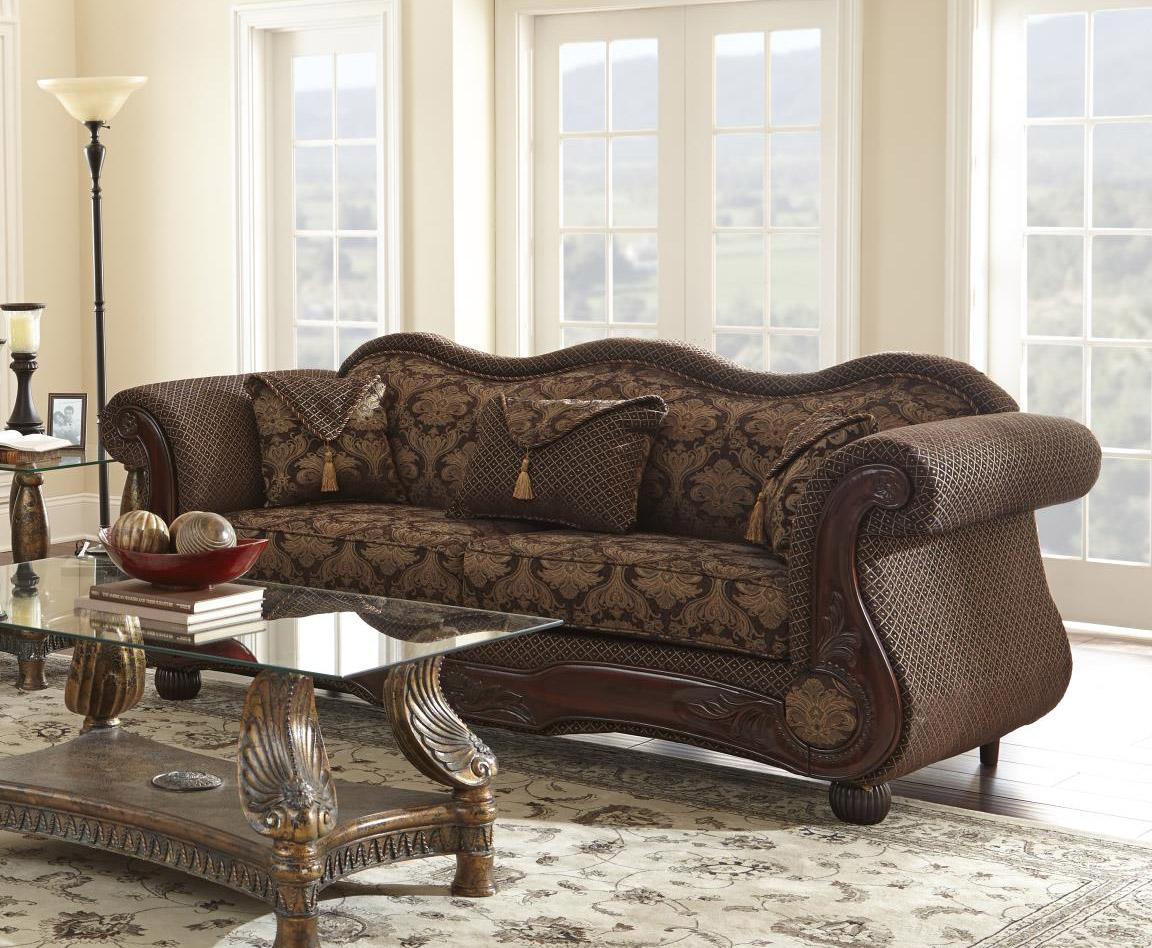 

    
MYCO Furniture Mabelle  Carved Wood Brown Velvet Fabric Living Room Set 2 Pcs
