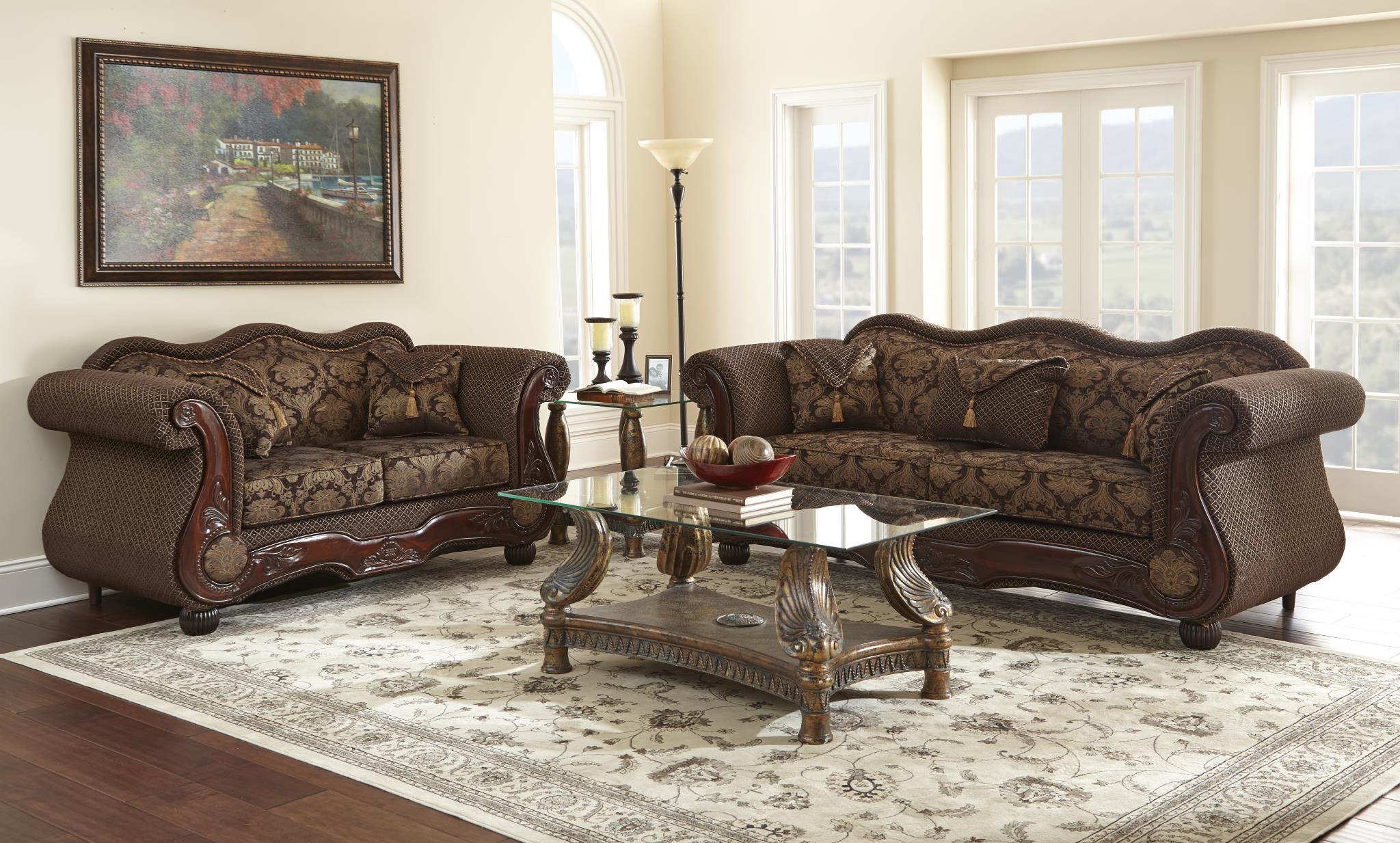 

    
MYCO Furniture Mabelle  Carved Wood Brown Velvet Fabric Living Room Set 2 Pcs
