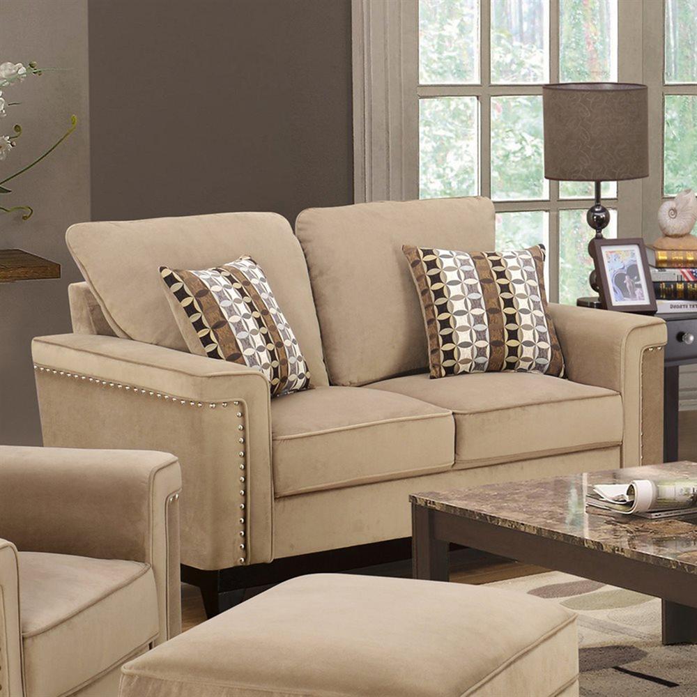 

    
MYCO Furniture Opulence Modern Taupe Velvet Living Room Sofa Set w/Nailhead 2 Pcs
