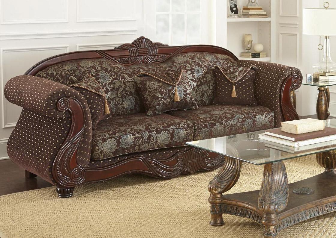

    
MYCO Furniture Rachelle Carved Wood Brown Velvet Fabric Living Room Sofa
