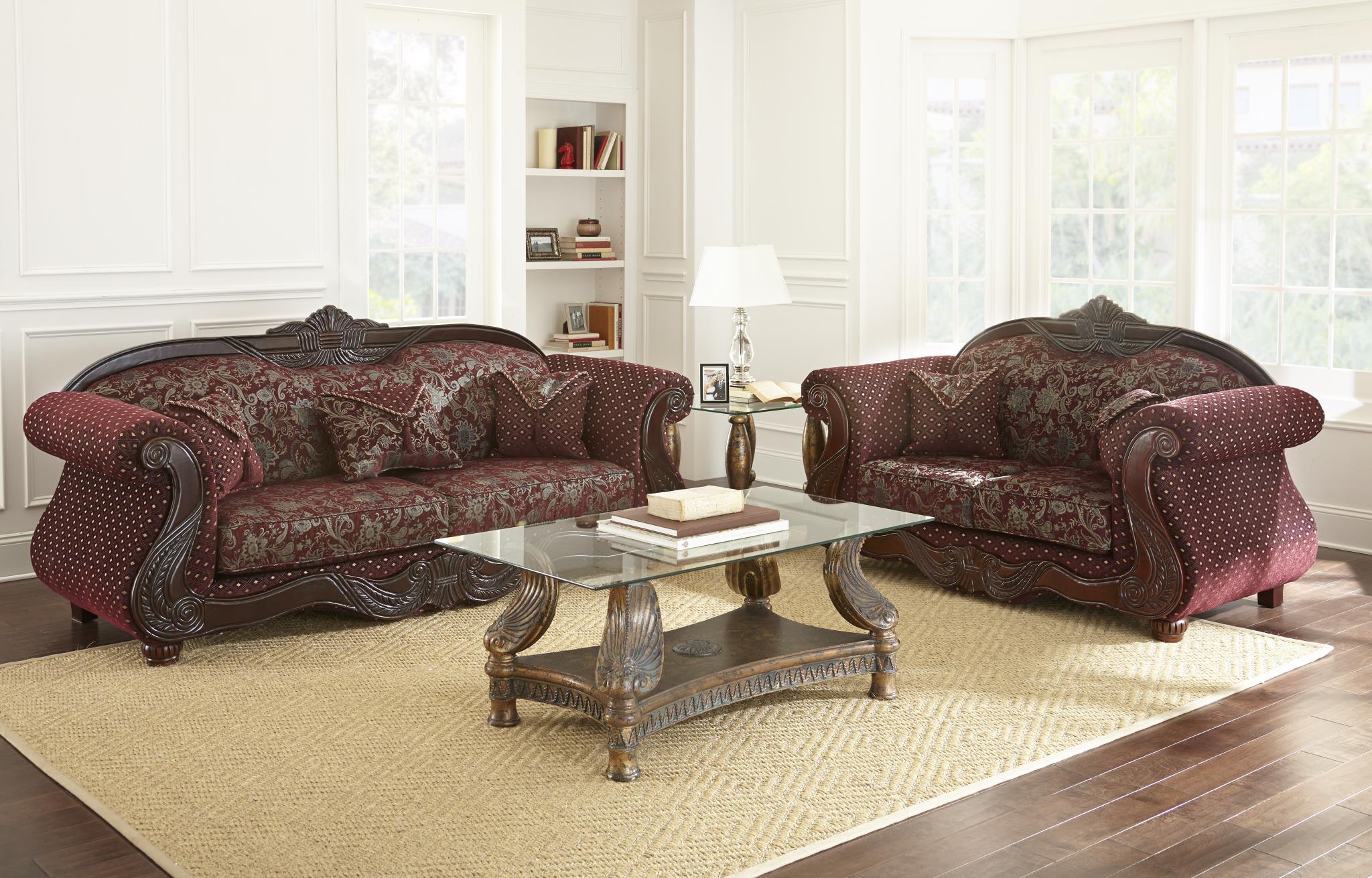 

    
MYCO Furniture Rachelle Carved Wood Burgundy Velvet Fabric Living Room Set 2 Pcs
