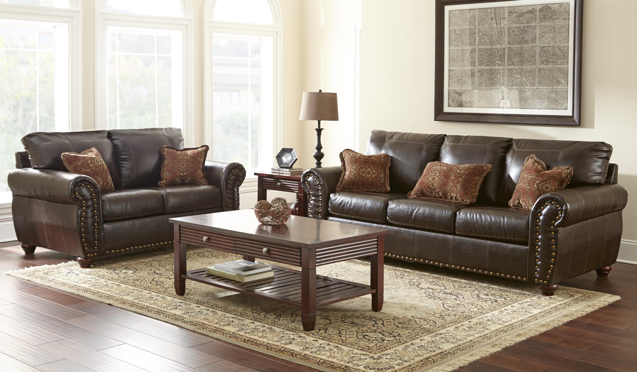 

    
MYCO Furniture Riviera Classic Brown Leather Nailhead Trim Living Room Sofa
