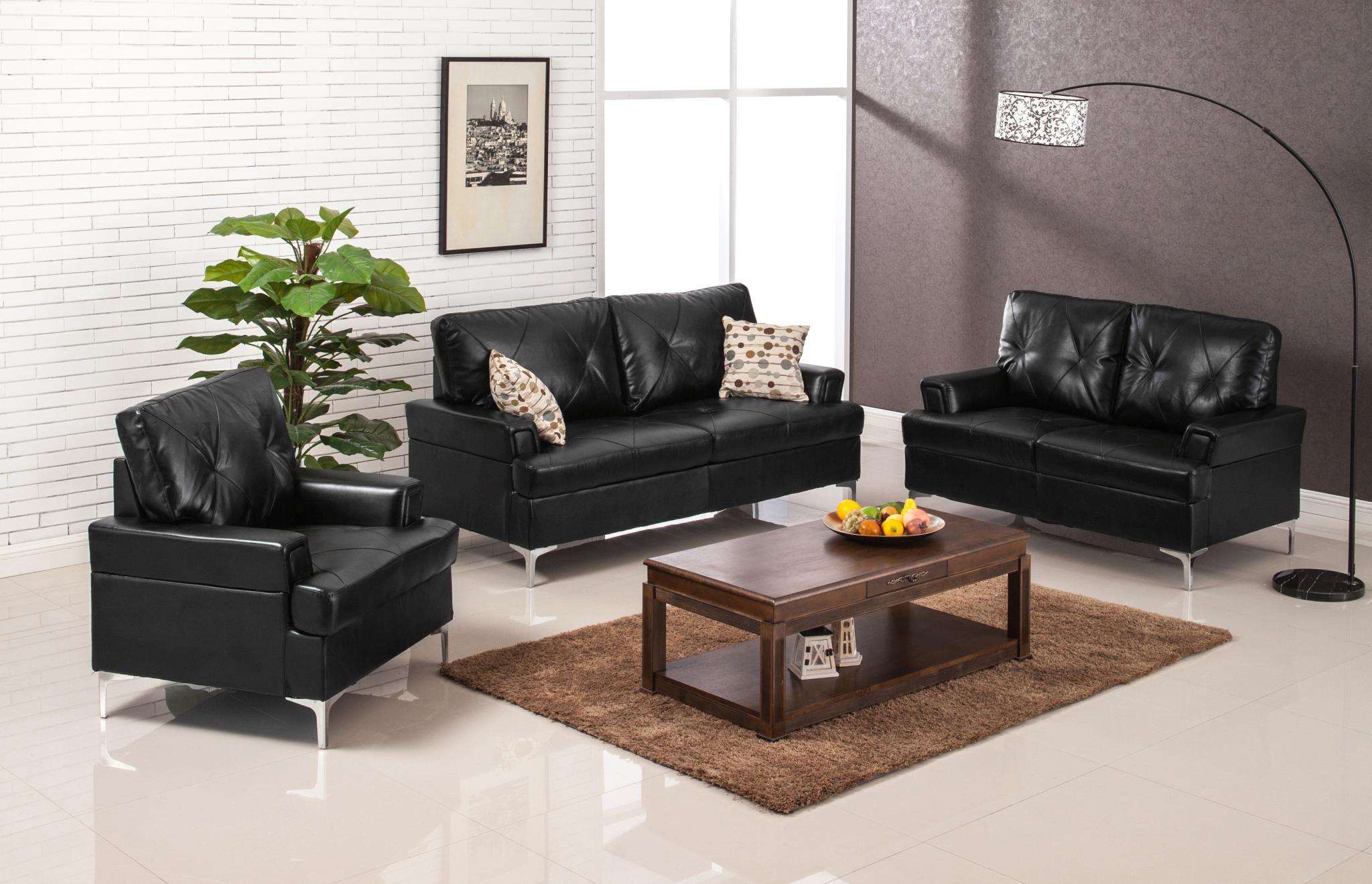 Classic, Traditional Sofa Loveseat and Chair Set Walker 7605-BK-Set-3 in Black Bonded Leather