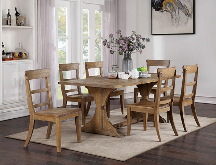 

    
Natural Tone Rustic Trestle Base Dining Table Furniture of America CM3389NT-T Leonidas
