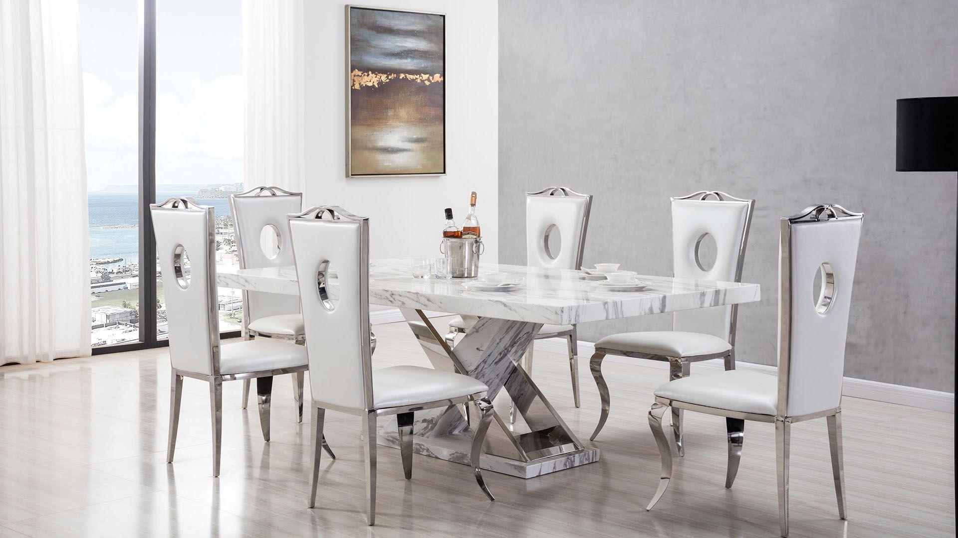 Modern Dining Table Set DT-H030 / CK-M352-W DT-H030-7PC in Natural, White PU