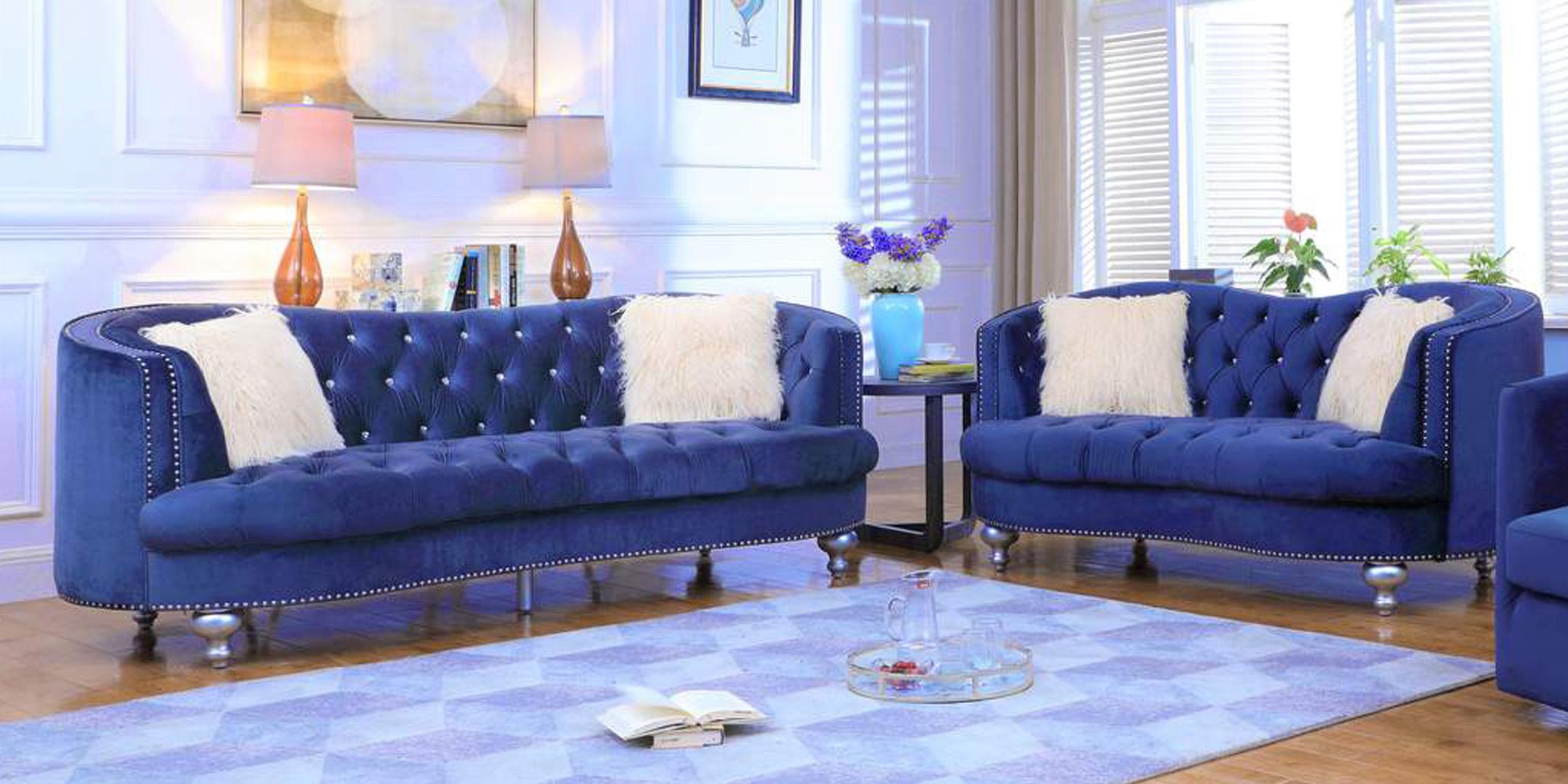 Contemporary, Modern Sofa Set AFREEN GHF-808857532527-Set-2 in Navy blue Velvet