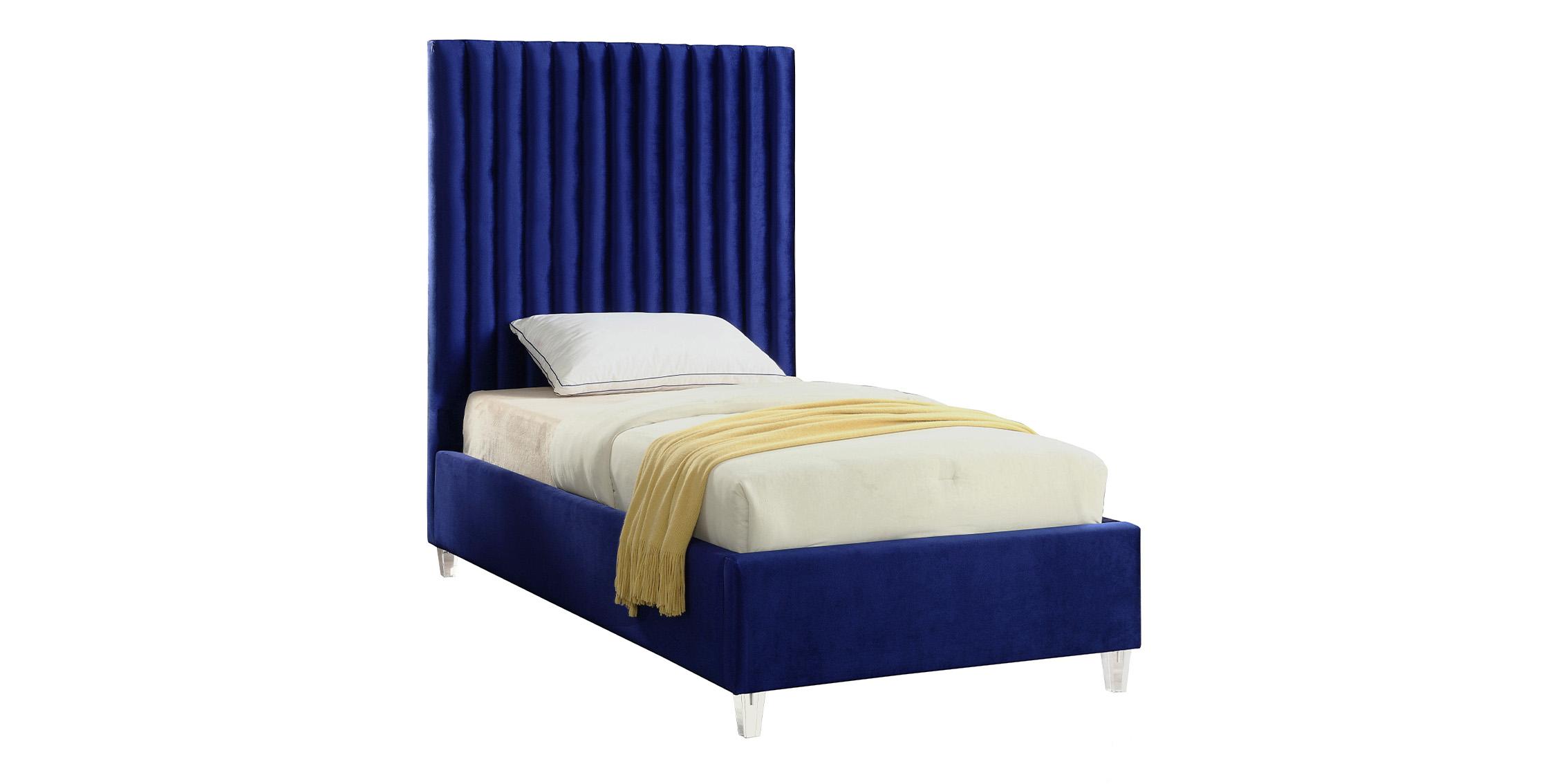 

    
Navy Blue Velvet Channel Tufted Platform Twin Bed Candace Meridian Contemporary
