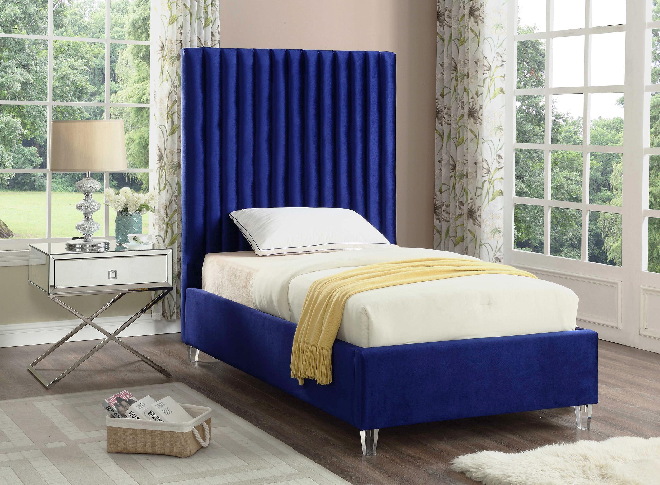 

    
Navy Blue Velvet Channel Tufted Platform Twin Bed Candace Meridian Contemporary
