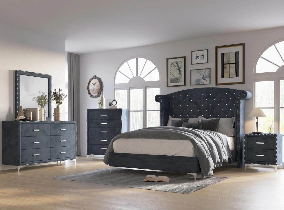 Modern Bedroom Set Lucinda B9260-K-Bed-5pcs in Navy blue Velvet