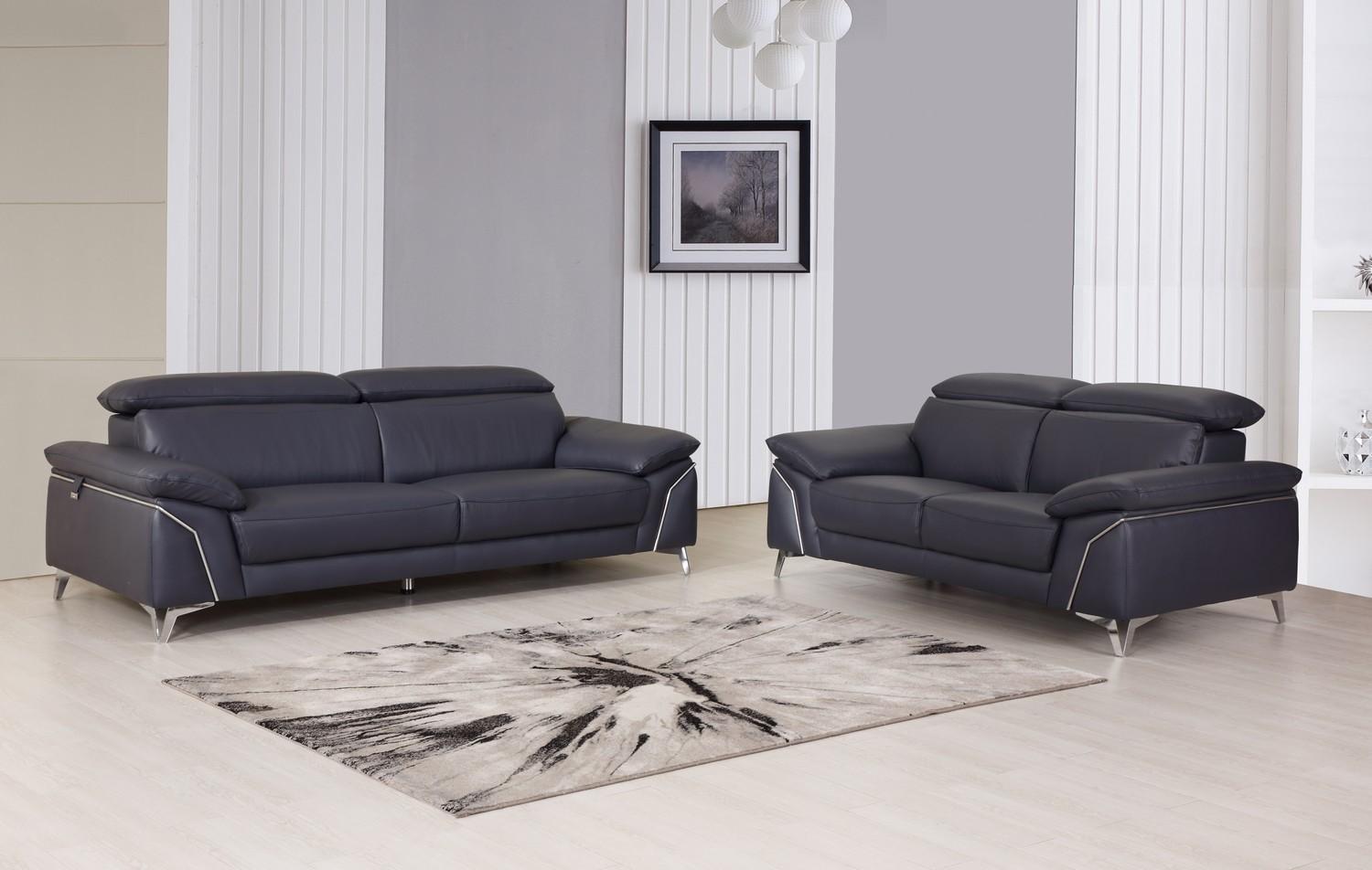 Contemporary Sofa and Loveseat Set 727 727-NAVY-2PC in Navy blue Italian Leather