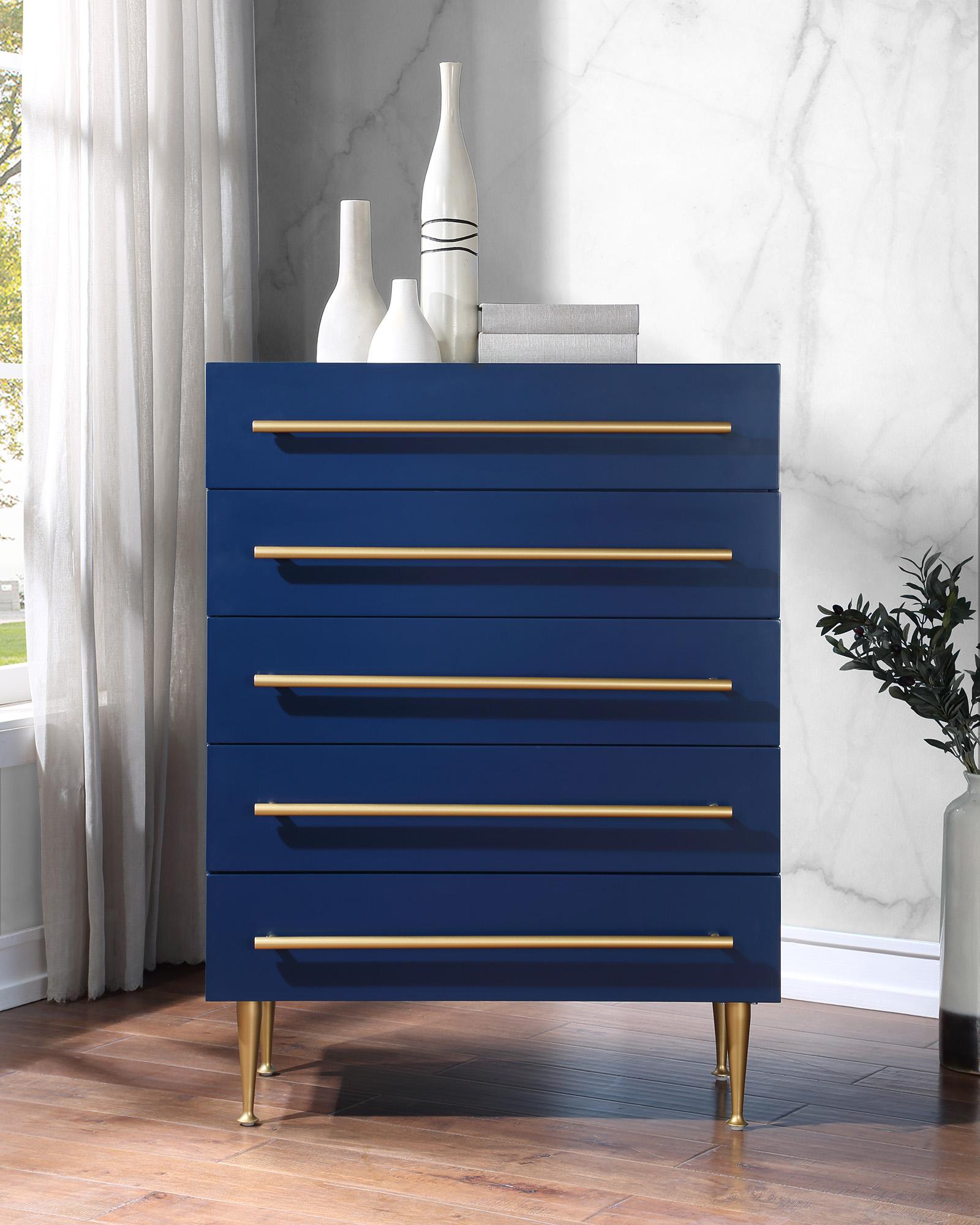 

    
Navy & Gold 5 Drawer Chest MARISOL 844Navy-CH Meridian Contemporary Modern
