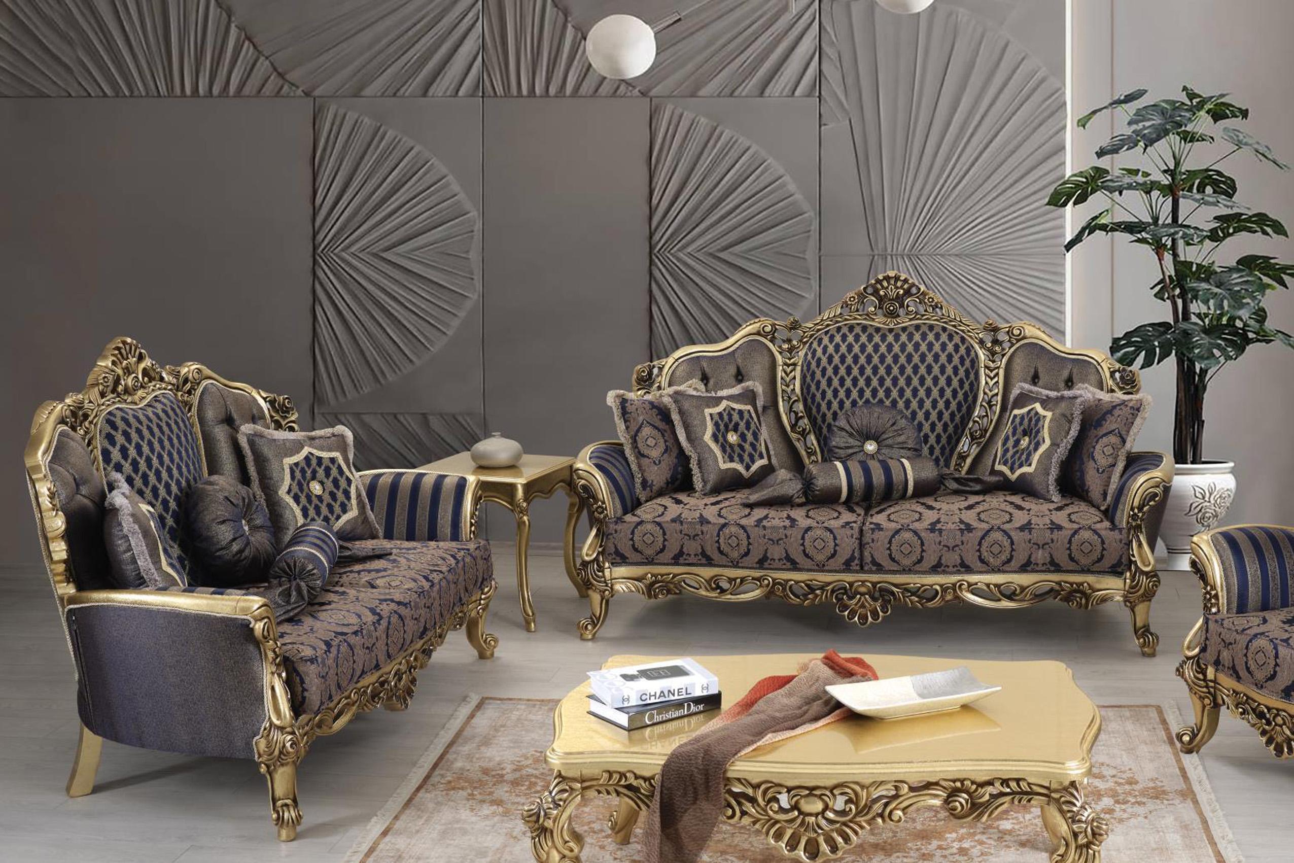 Classic, Traditional Sofa Set VICTORIA VICTORIA-S-L in Navy, Gold Chenille