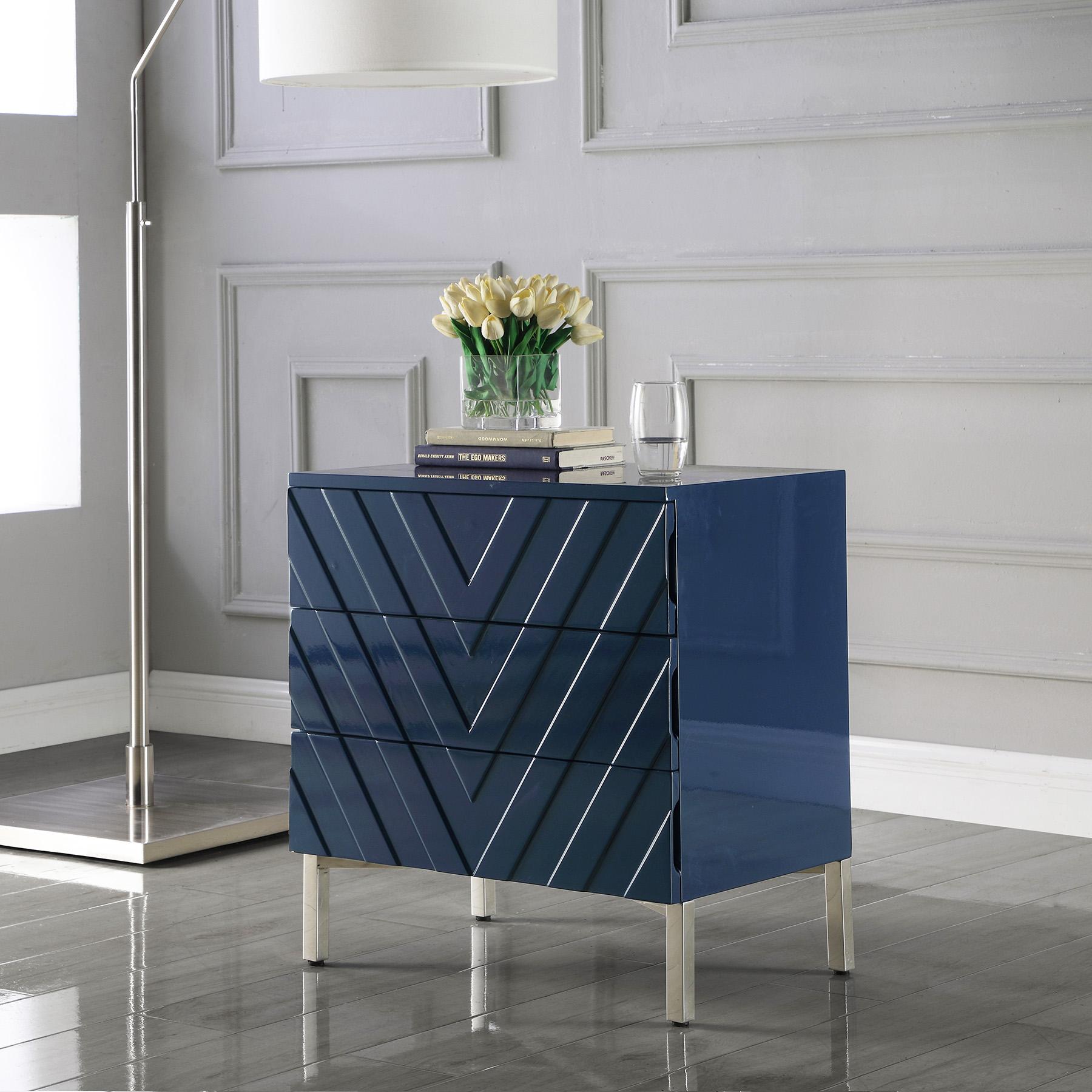 

    
Navy Lacquer Chrome Steel Base Nightstand Set 2Pcs COLLETTE 826 Meridian Modern
