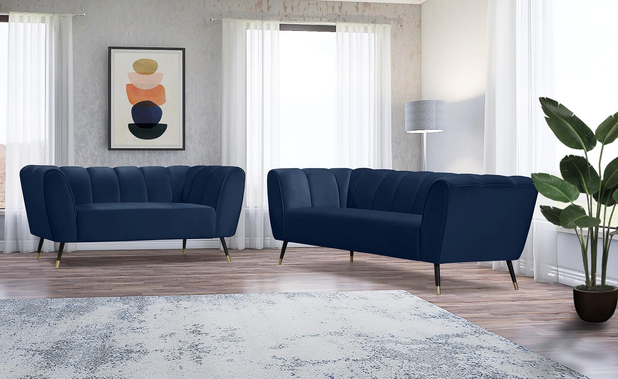 

    
Navy Velvet Channel Tufted Sofa Set 2Pcs BEAUMONT 626Navy Meridian Contemporary
