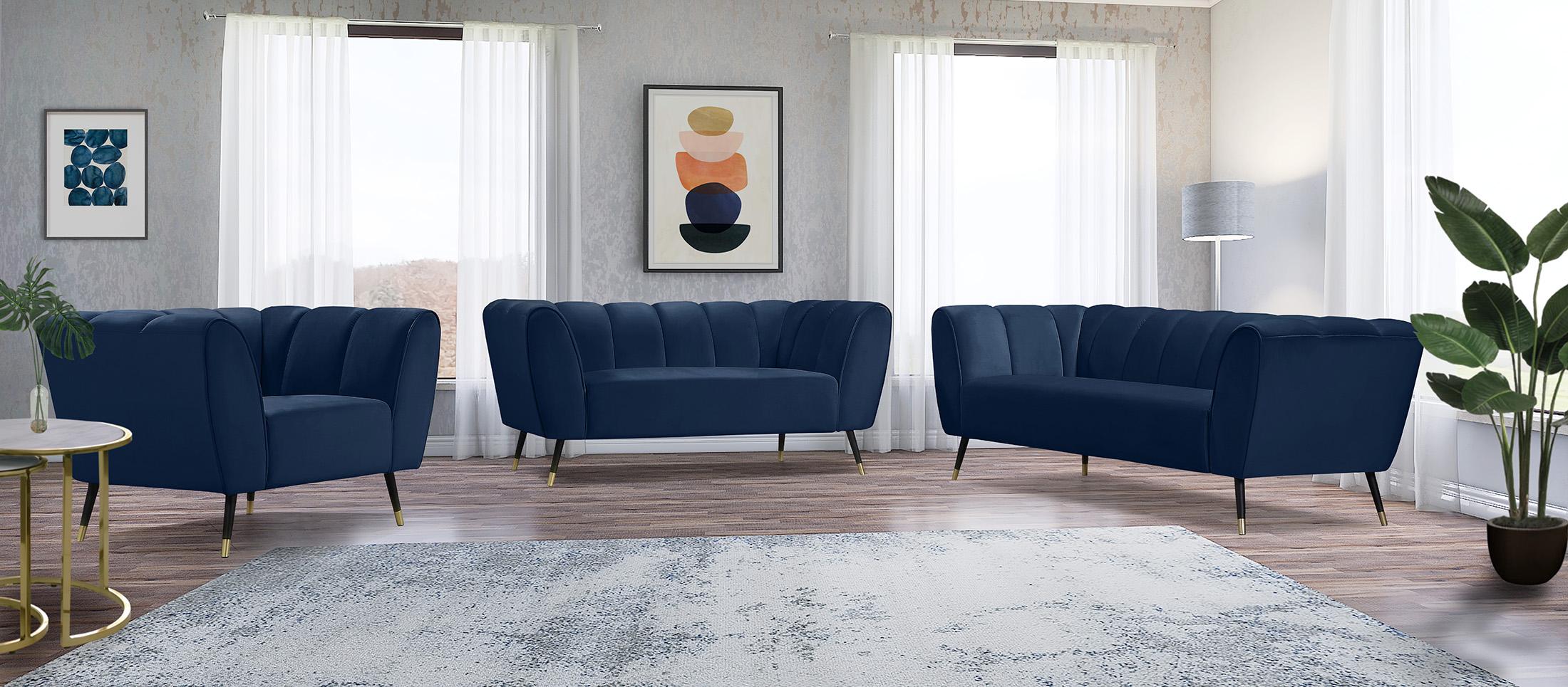 

    
Navy Velvet Channel Tufted Sofa Set 3Pcs BEAUMONT 626Navy Meridian Contemporary

