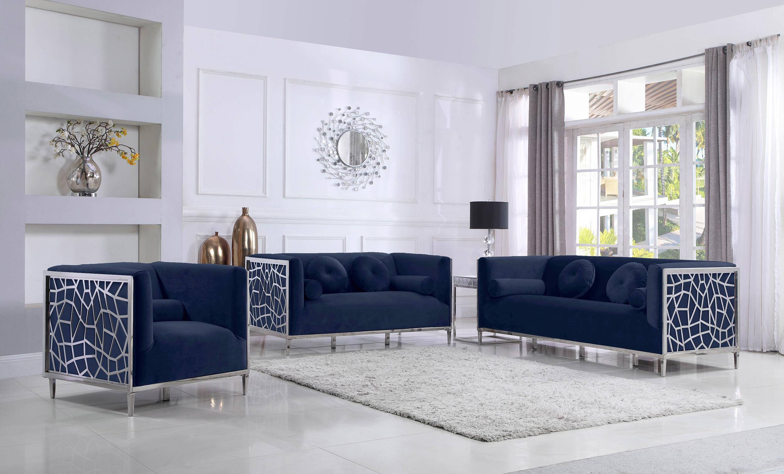 

                    
Buy Navy Velvet & Chrome Sofa Set 2Pcs OPAL 672Navy-S Meridian Modern Contemporary
