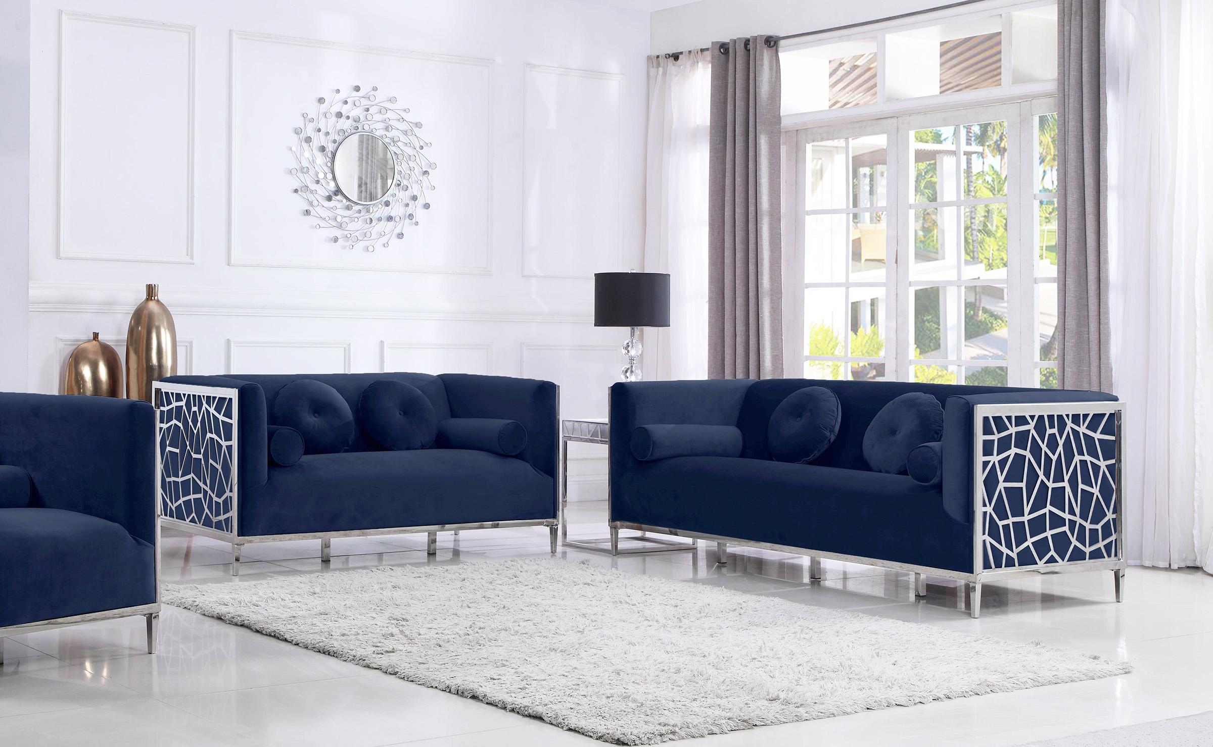 

    
Navy Velvet & Chrome Sofa Set 2Pcs OPAL 672Navy-S Meridian Modern Contemporary
