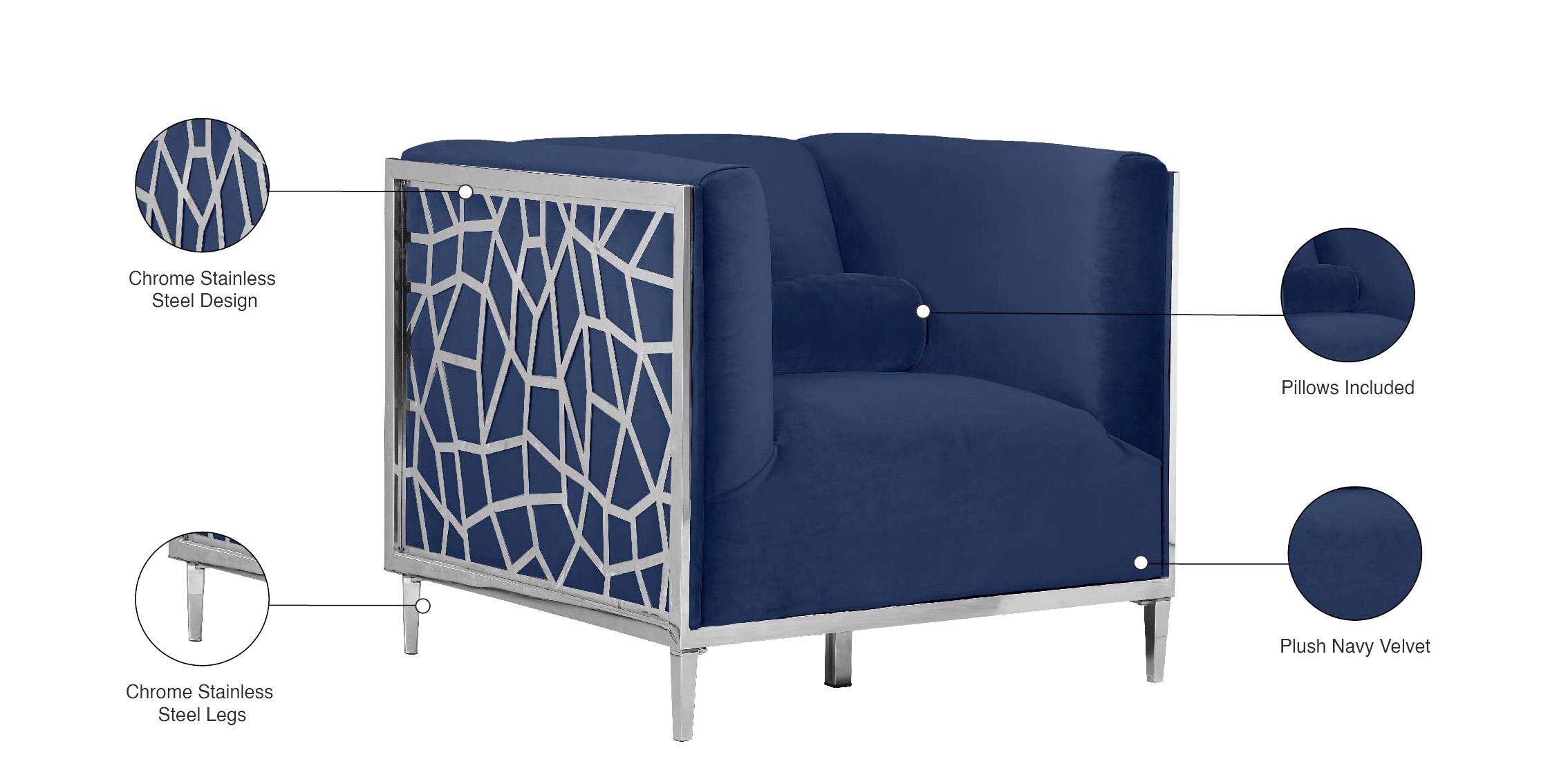 

    
 Shop  Navy Velvet & Chrome Sofa Set 3Pcs OPAL 672Navy-S Meridian Contemporary Modern
