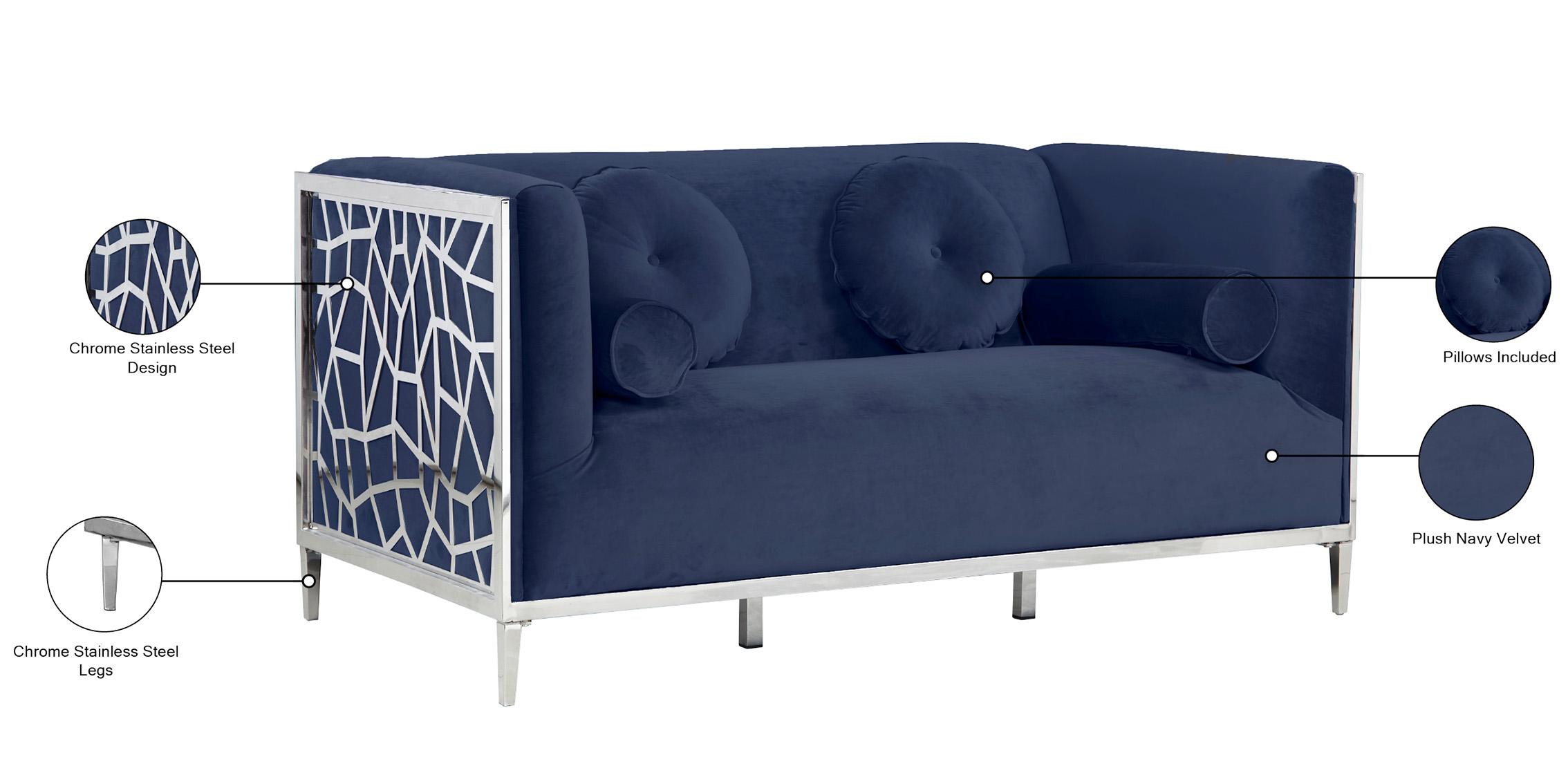 

    
 Order  Navy Velvet & Chrome Sofa Set 3Pcs OPAL 672Navy-S Meridian Contemporary Modern

