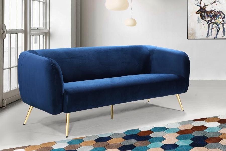 

    
Navy Velvet Gold Metal Legs Sofa Classic Meridian Furniture Harlow
