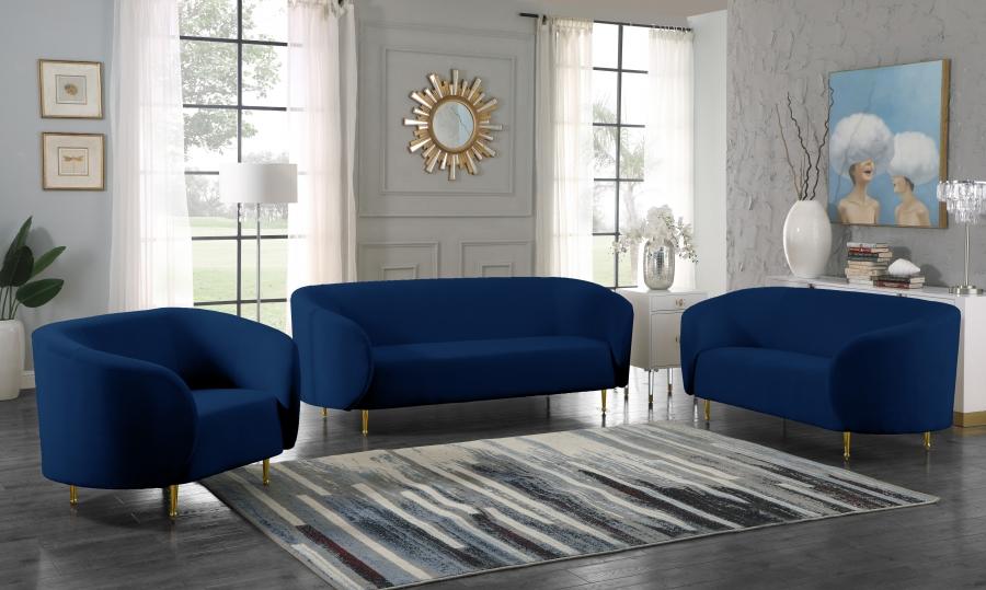 

    
Navy Velvet Gold Steel Legs Sofa Loveseat & Chair Meridian Furniture Lavilla
