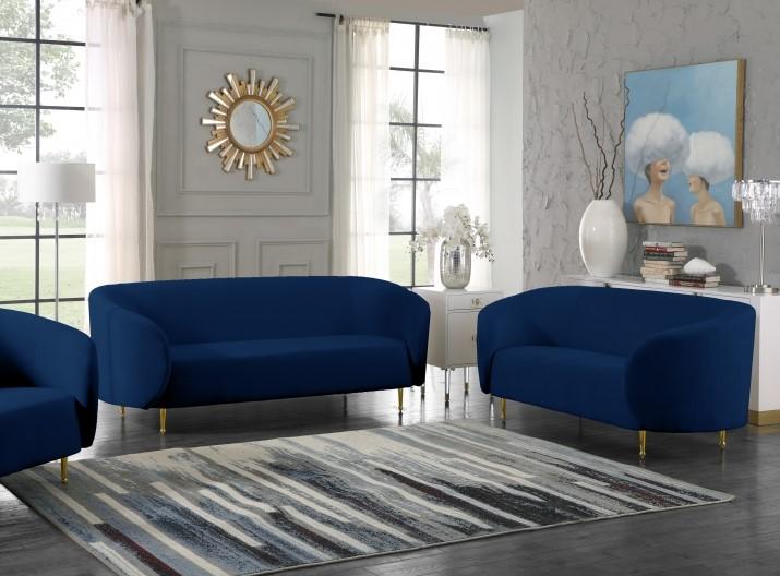 

    
Navy Velvet Gold Steel Legs Sofa & Loveseat Set 2Pcs Meridian Furniture Lavilla
