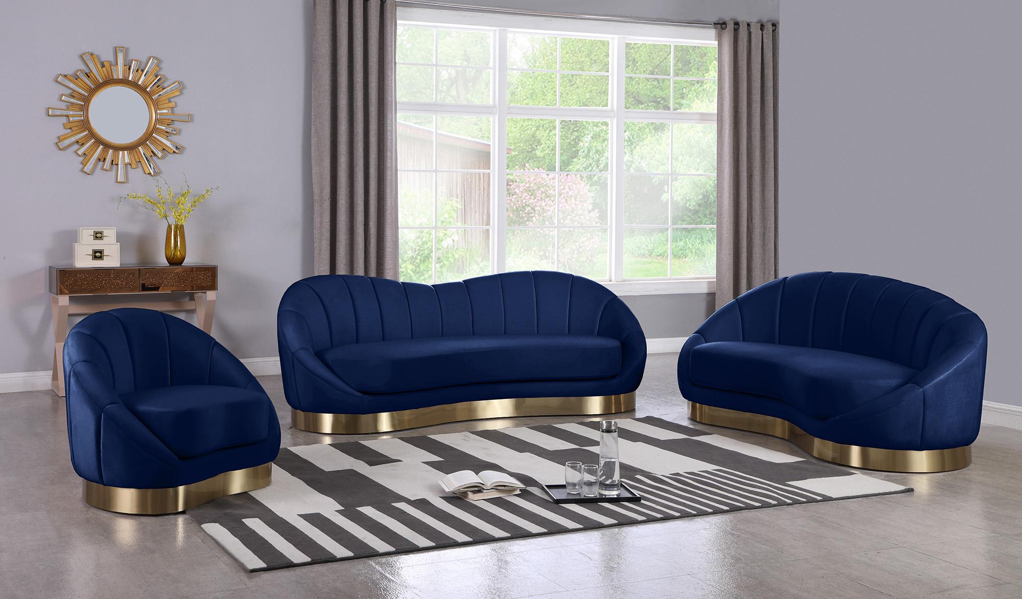 

    
Navy Velvet Rounded Sofa Set 3 Pcs SHELLY 623Navy-S Meridian Contemporary Modern

