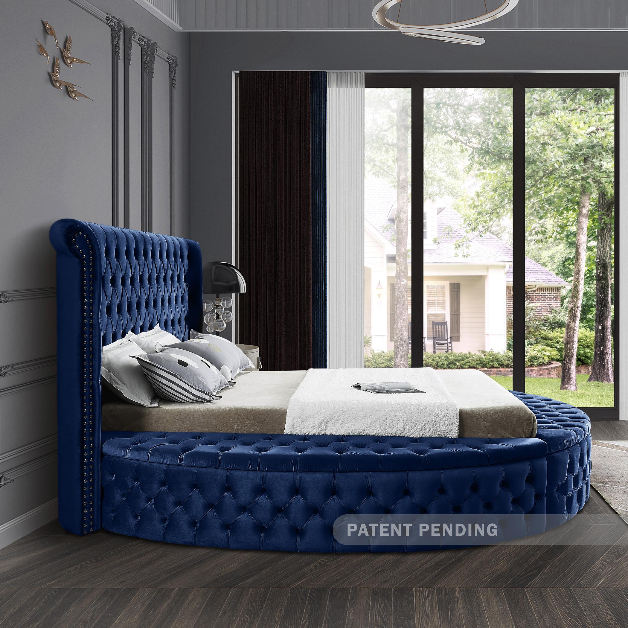 

        
753359802862Navy Velvet Tufted Round Storage King Bed LUXUS Meridian Contemporary Modern
