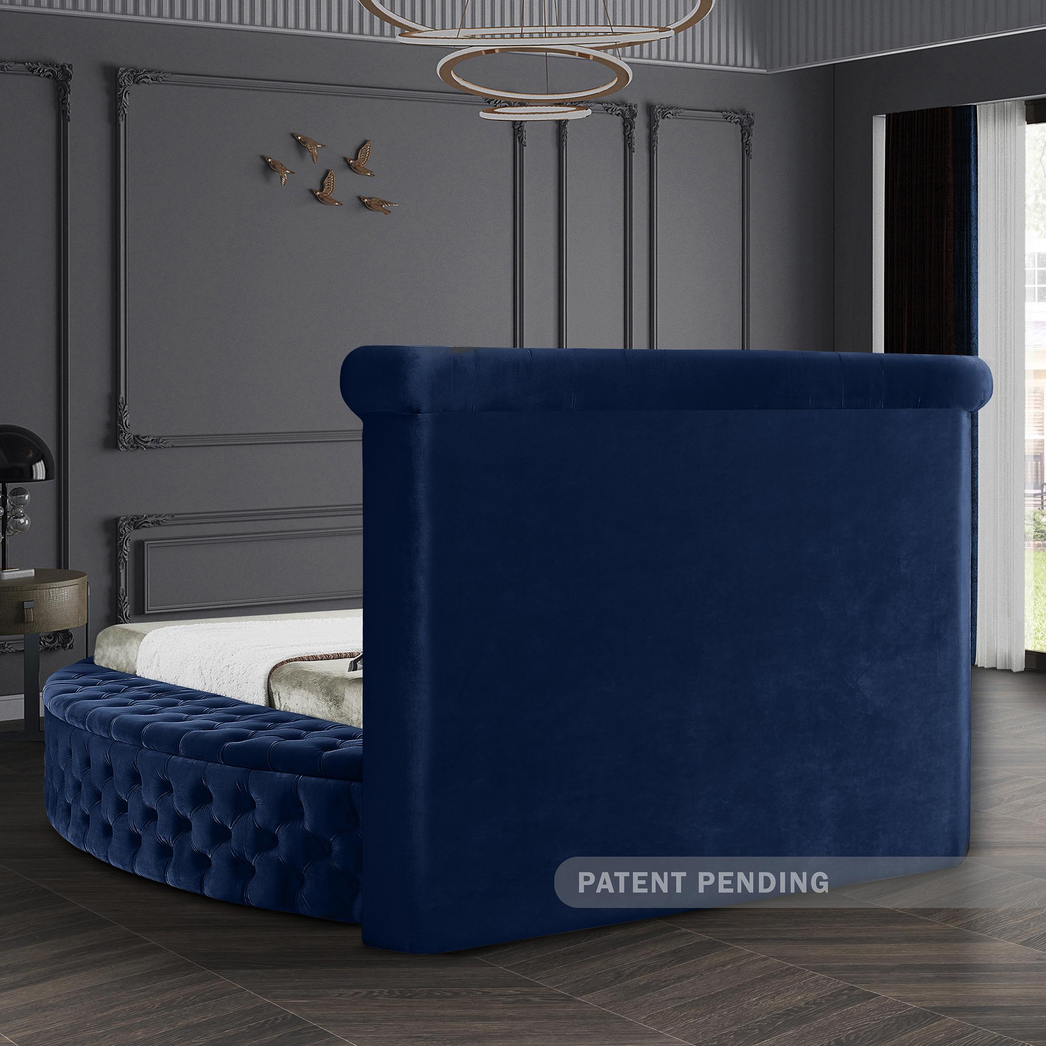 

    
 Order  Navy Velvet Tufted Round Storage Queen Bed LUXUS Meridian Contemporary Modern
