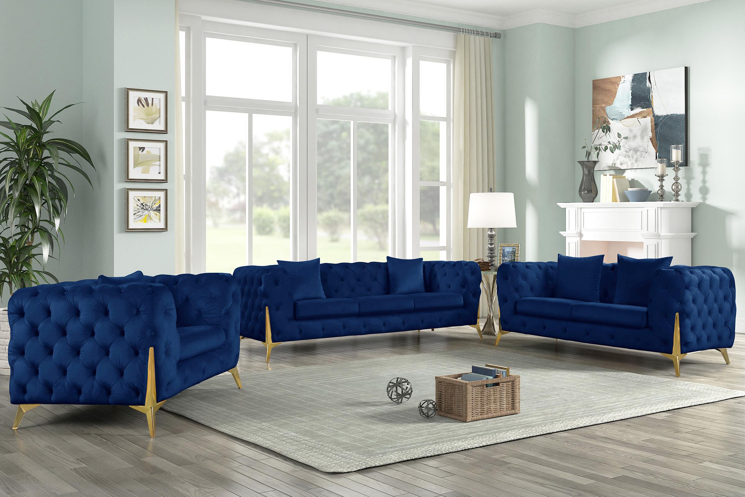 

    
Navy Velvet Tufted Sofa Set 3Pcs KINGDOM 695Navy Meridian Contemporary Modern
