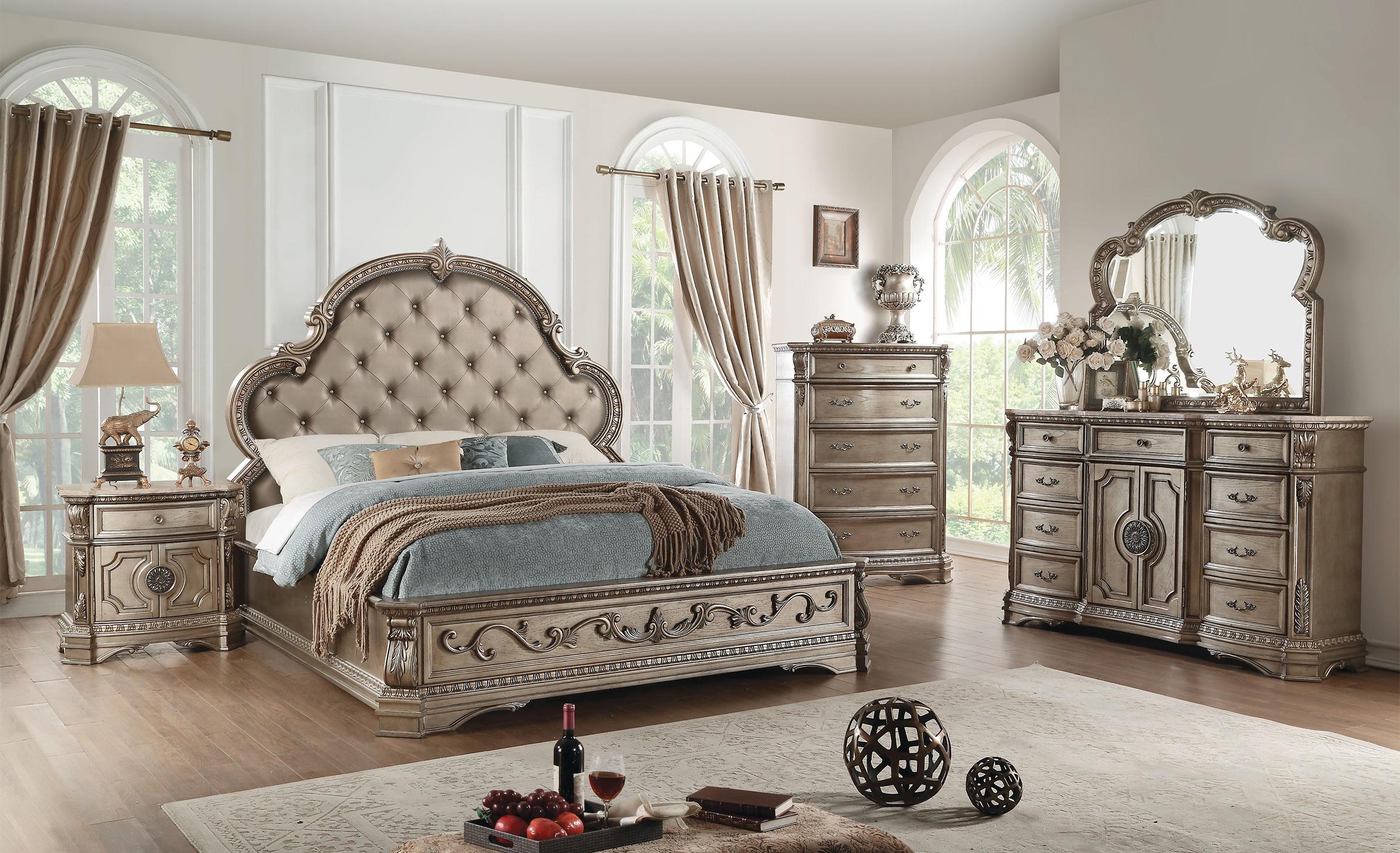 Classic, Traditional Panel Bedroom Set SKU: ASTD3443-EK-Set-3 SKU: ASTD3443-EK-Set-3 in Antique, Champagne Polyurethane