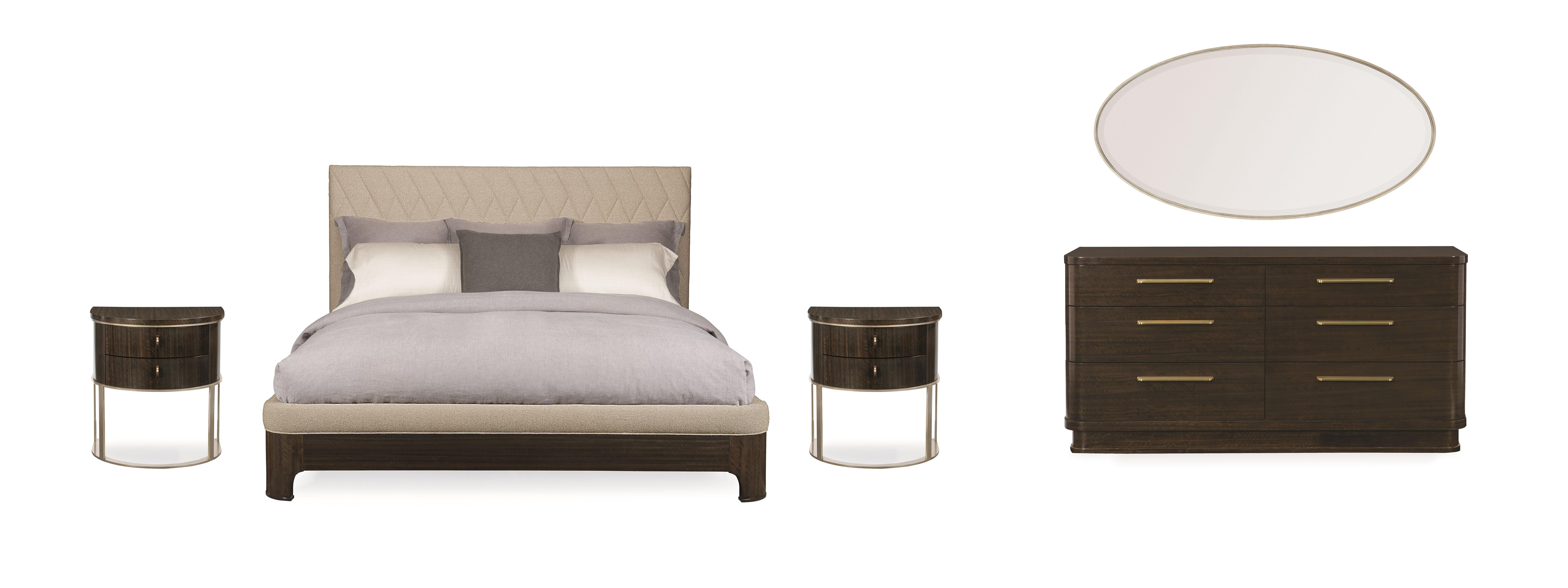 Contemporary Platform Bedroom Set MODERNE BED / MODERNE NIGHTSTAND M023-417-121-Set-5 in Neutral Fabric
