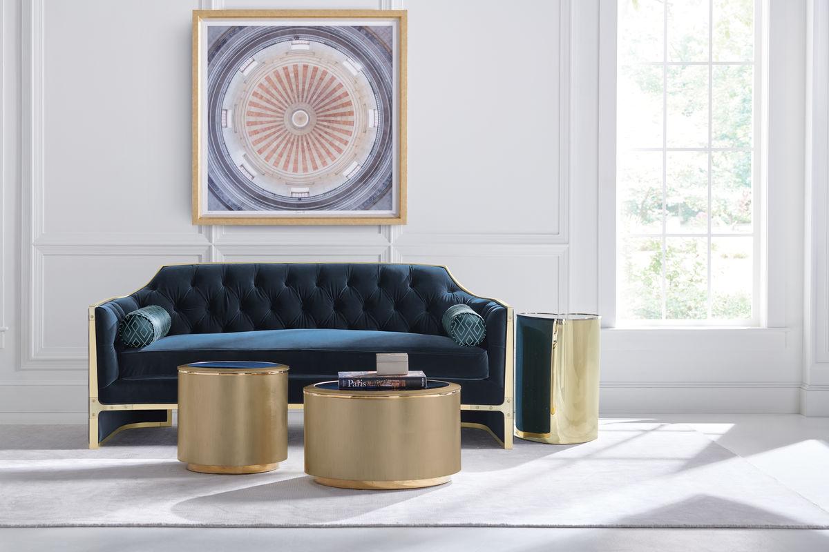 Contemporary Sofa and Coffee Table The Cat's Meow UPH-SOFWOO-23B-Set-3 in Dark Blue Velvet
