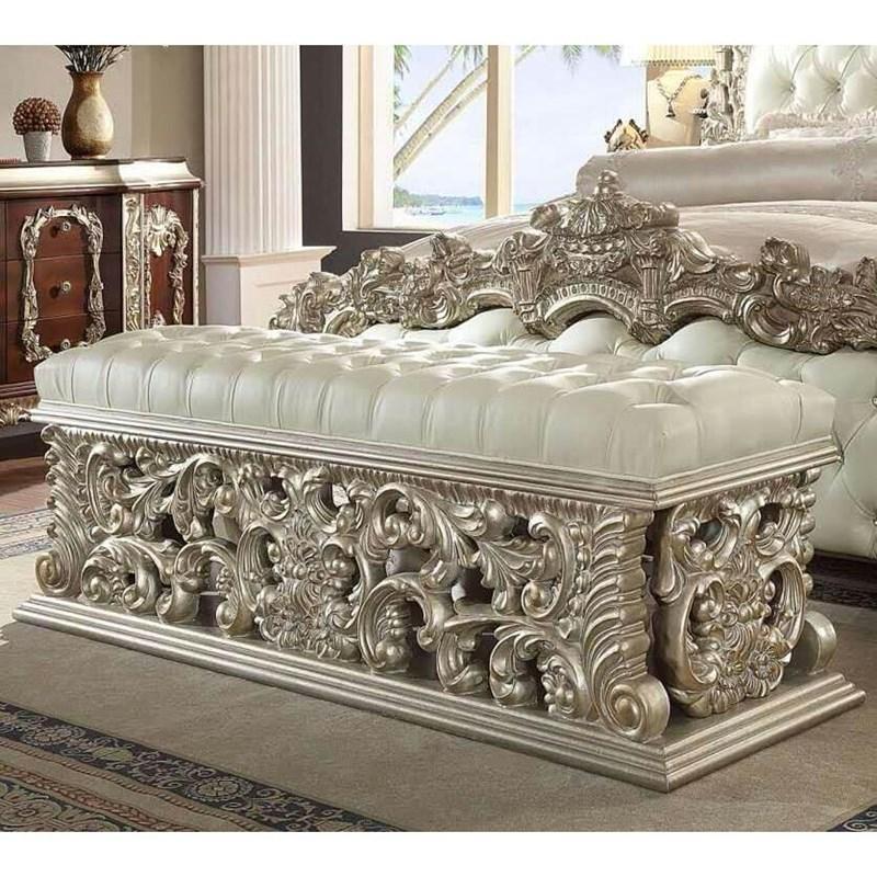 Traditional Bench HD-8017 HD-BEN8017 in Metallic, White, Silver Faux Leather