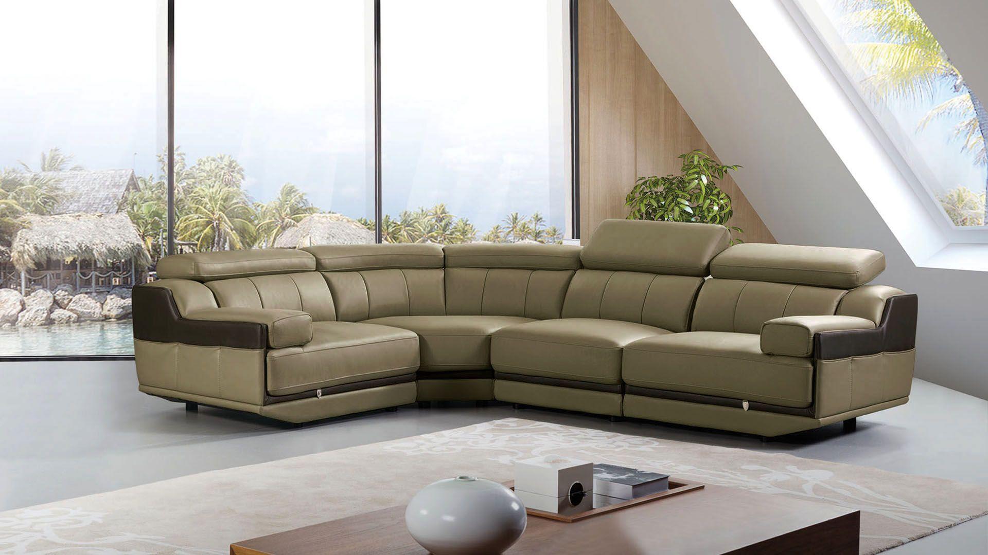 Contemporary, Modern Sectional Sofa EK-L047M-LG.TPE EK-L047M-LG.TPE in Olive, Gray Italian Leather