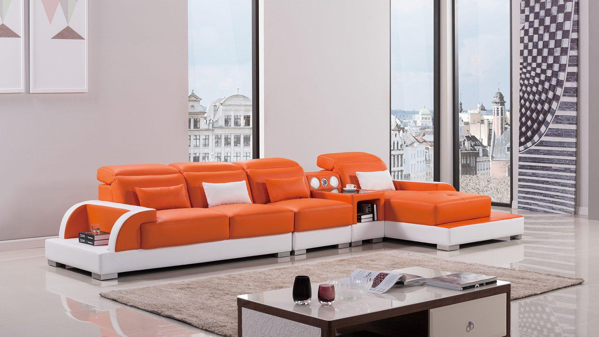 Contemporary, Modern Sectional Sofa AE-LD812-ORG.IV AE-LD812R-ORG.IV in White, Orange Faux Leather