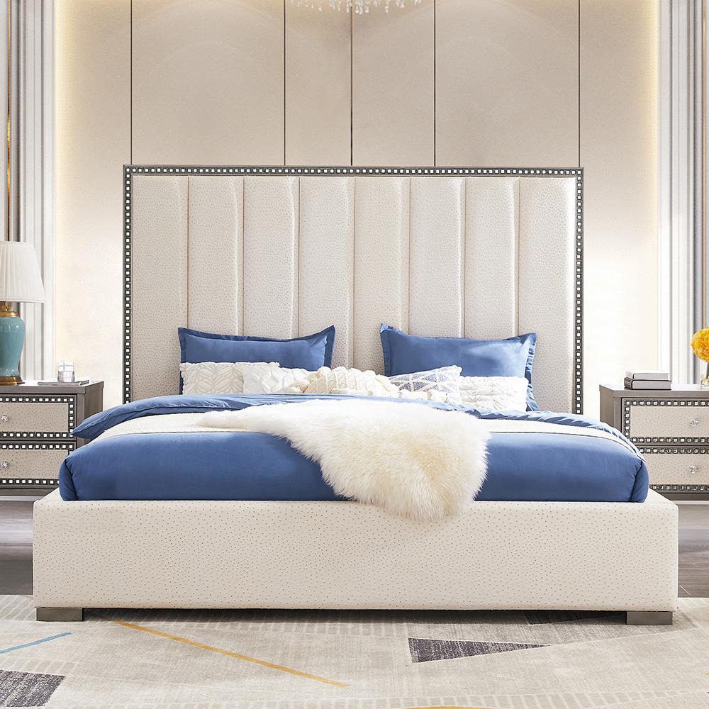 Modern Panel Bed HD-6040 HD‐6040-EK BED in Mirrored, Cream Leather