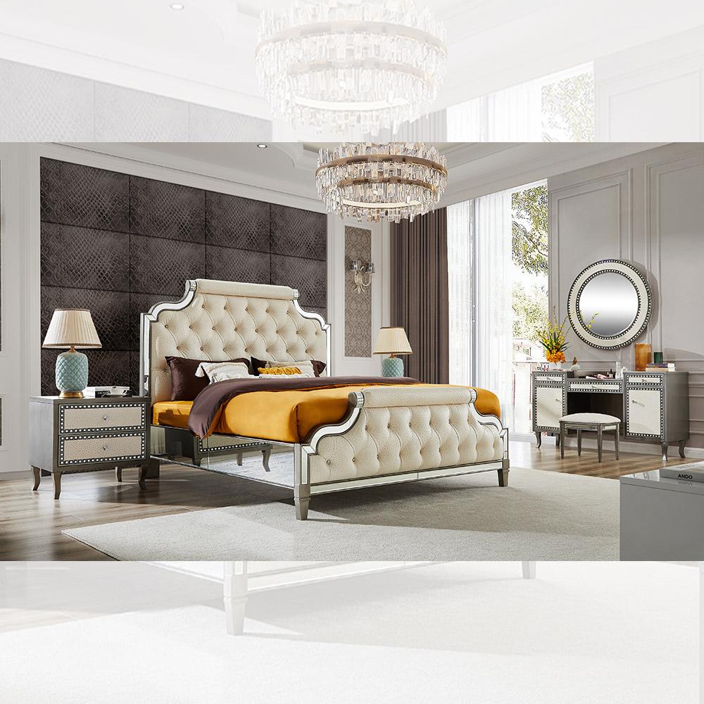 Modern Panel Bedroom Set HD-3590 / HD-6040 HD-EK35905PCSET in Mirrored, Cream Leather